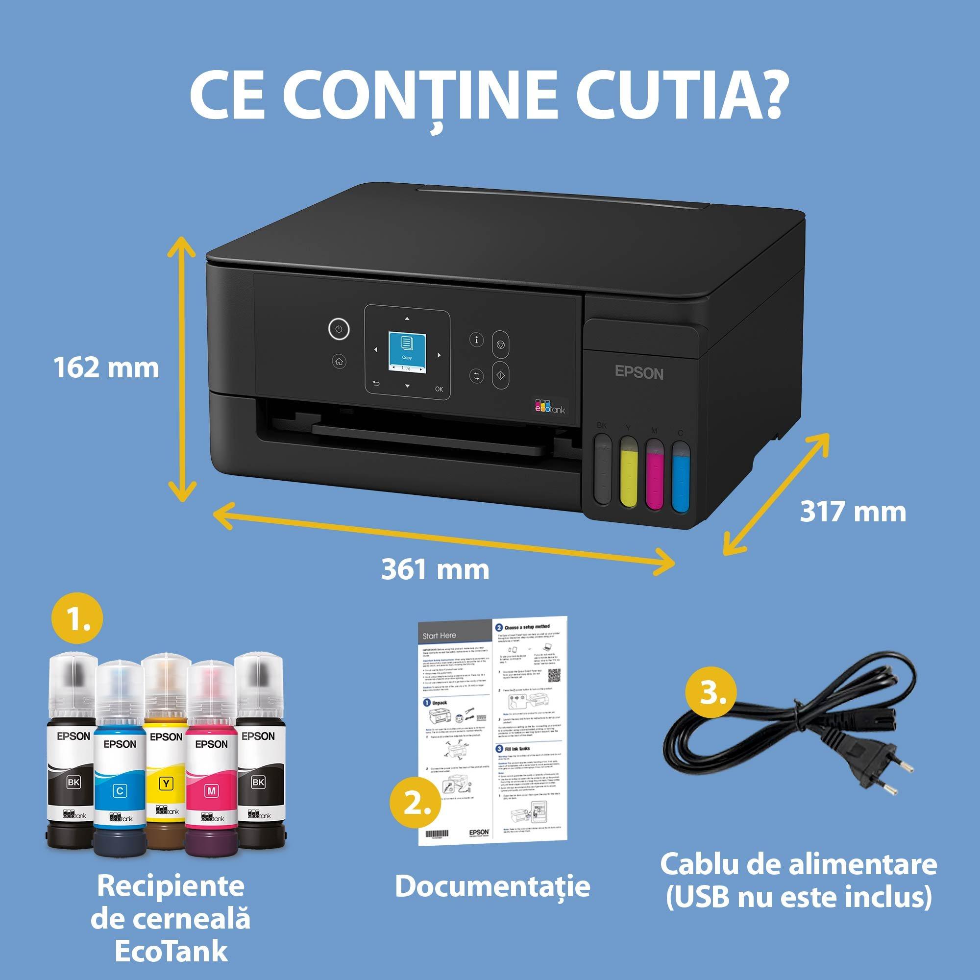 EcoTank L3360 - Multifuncțional A4 cu rezervor de cerneală, Wi-Fi, AirPrint, ecran LCD și cerneală pentru utilizare timp de până la 3 ani inclusă în cutie whats in the box