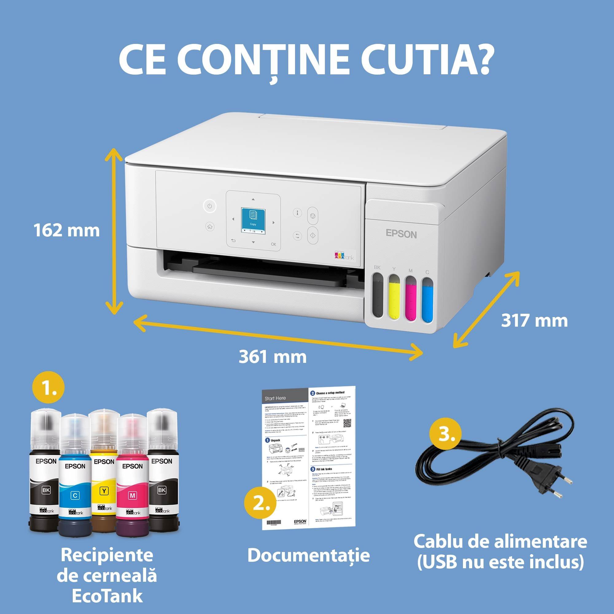 EcoTank L3366 - Multifuncțional A4 cu rezervor de cerneală, Wi-Fi, AirPrint, ecran LCD și cerneală pentru utilizare timp de până la 3 ani inclusă în cutie whats in the box