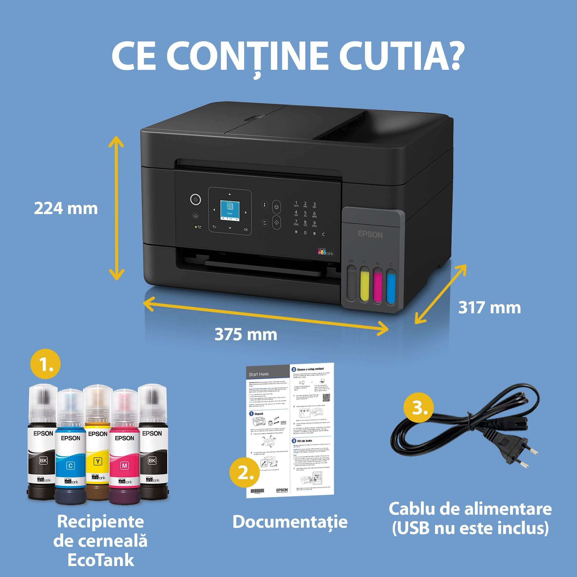EcoTank L5390 - Multifuncțional A4 cu rezervor de cerneală, Wi-Fi, AirPrint, ecran LCD, compartiment pentru alimentarea automată și cerneală pentru utilizare timp de până la 3 ani inclusă în cutie whats in the box