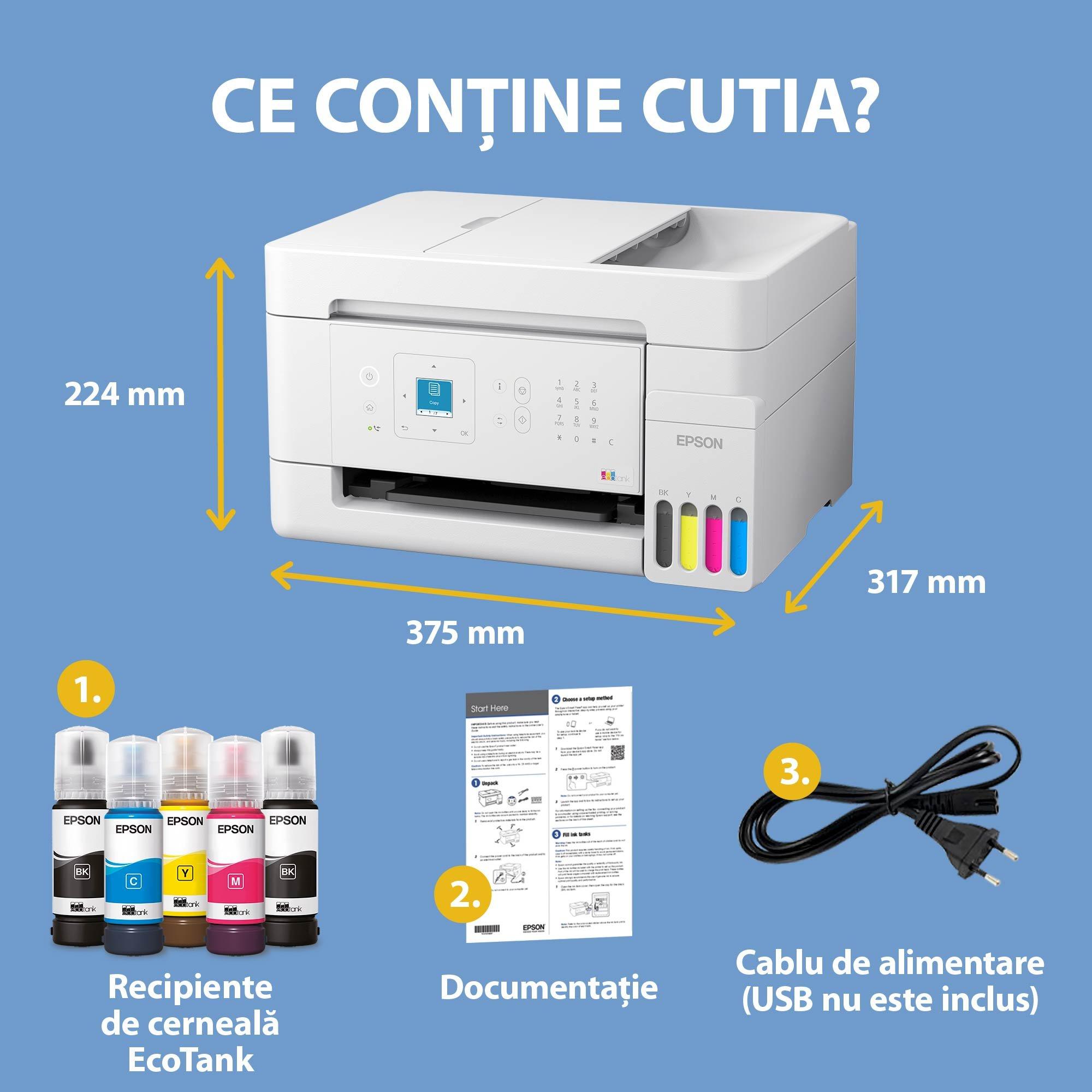 EcoTank L5396 - Multifuncțional A4 cu rezervor de cerneală, Wi-Fi, AirPrint, ecran LCD, compartiment pentru alimentarea automată și cerneală pentru utilizare timp de până la 3 ani inclusă în cutie whats in the box