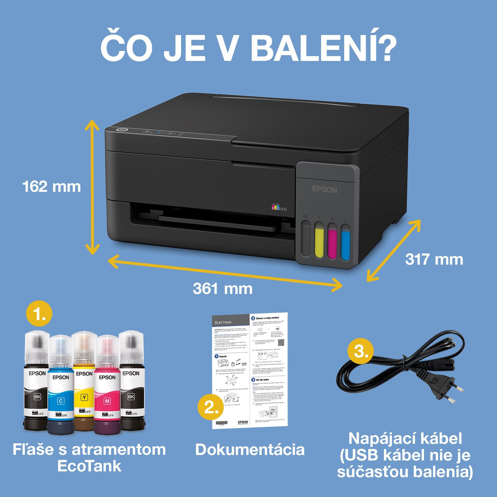 Tlačiareň EcoTank L3310 formátu A4 s atramentovým zásobníkom a atramentom až na 3 roky whats in the box