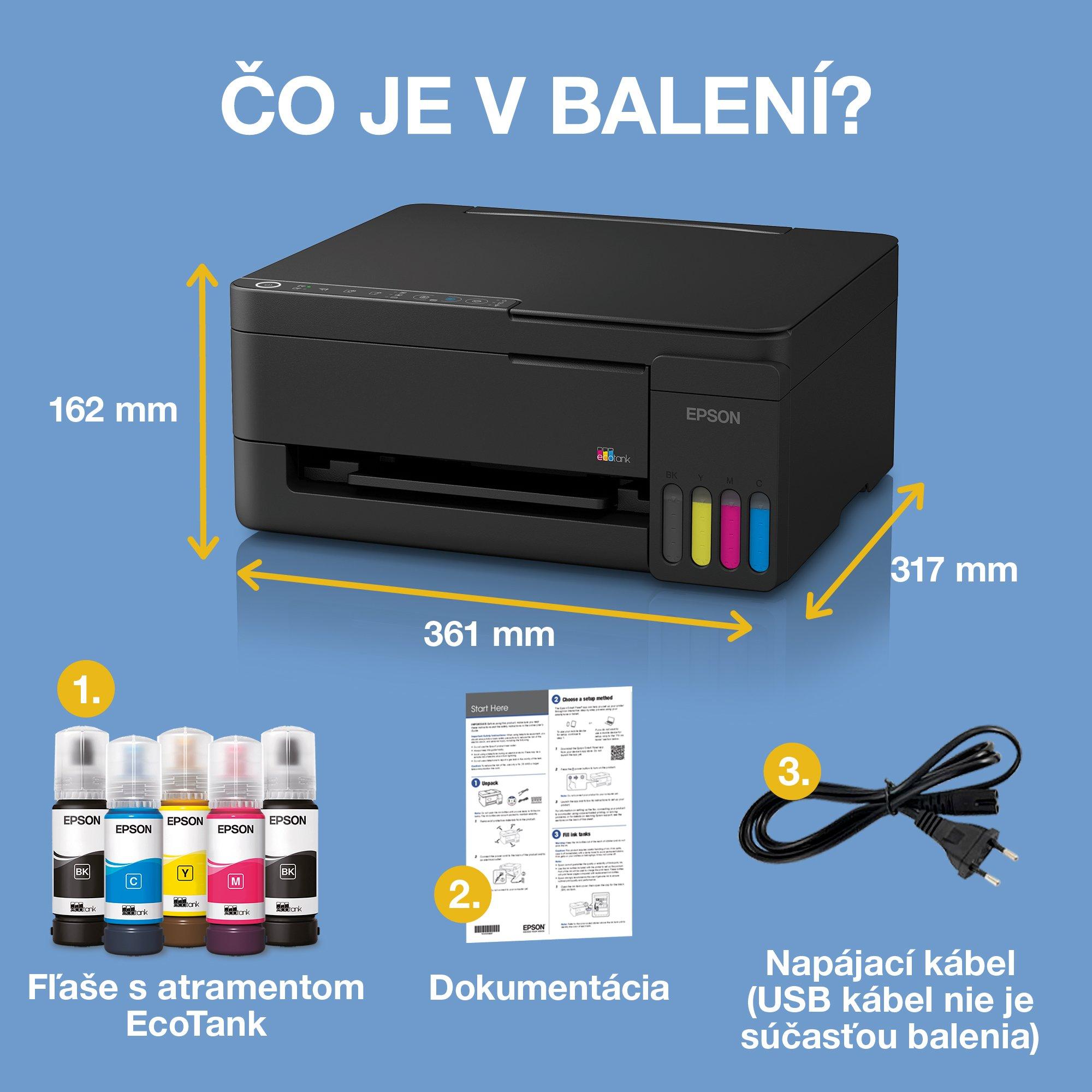 EcoTank L3352 – multifunkčná tlačiareň formátu A4 s Wi‑Fi a AirPrint, atramentovým zásobníkom a atramentom až na 3 roky tlače v cene whats in the box