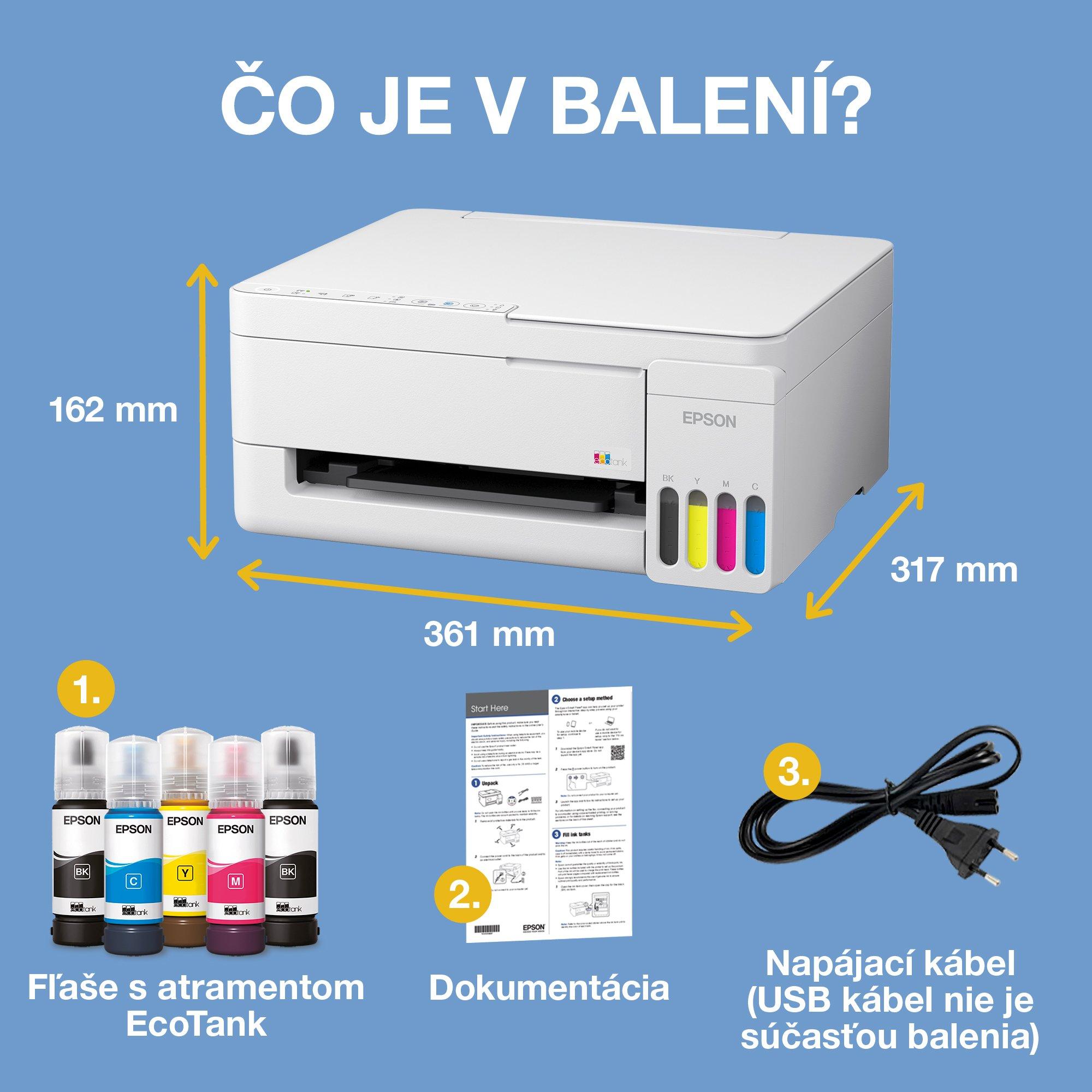 EcoTank L3356 – multifunkčná tlačiareň formátu A4 s Wi‑Fi a AirPrint, atramentovým zásobníkom a atramentom až na 3 roky tlače v cene whats in the box