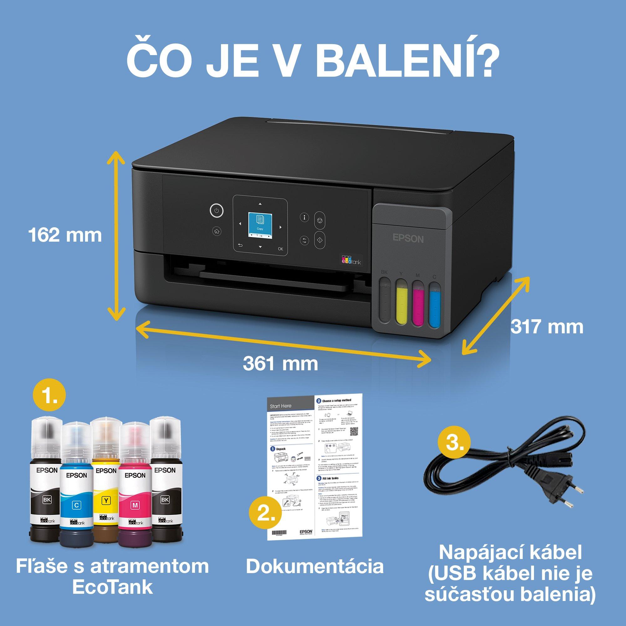 EcoTank L3360 – multifunkčná tlačiareň formátu A4 s Wi‑Fi a AirPrint, atramentovým zásobníkom, LCD displejom a atramentom až na 3 roky tlače v cene whats in the box
