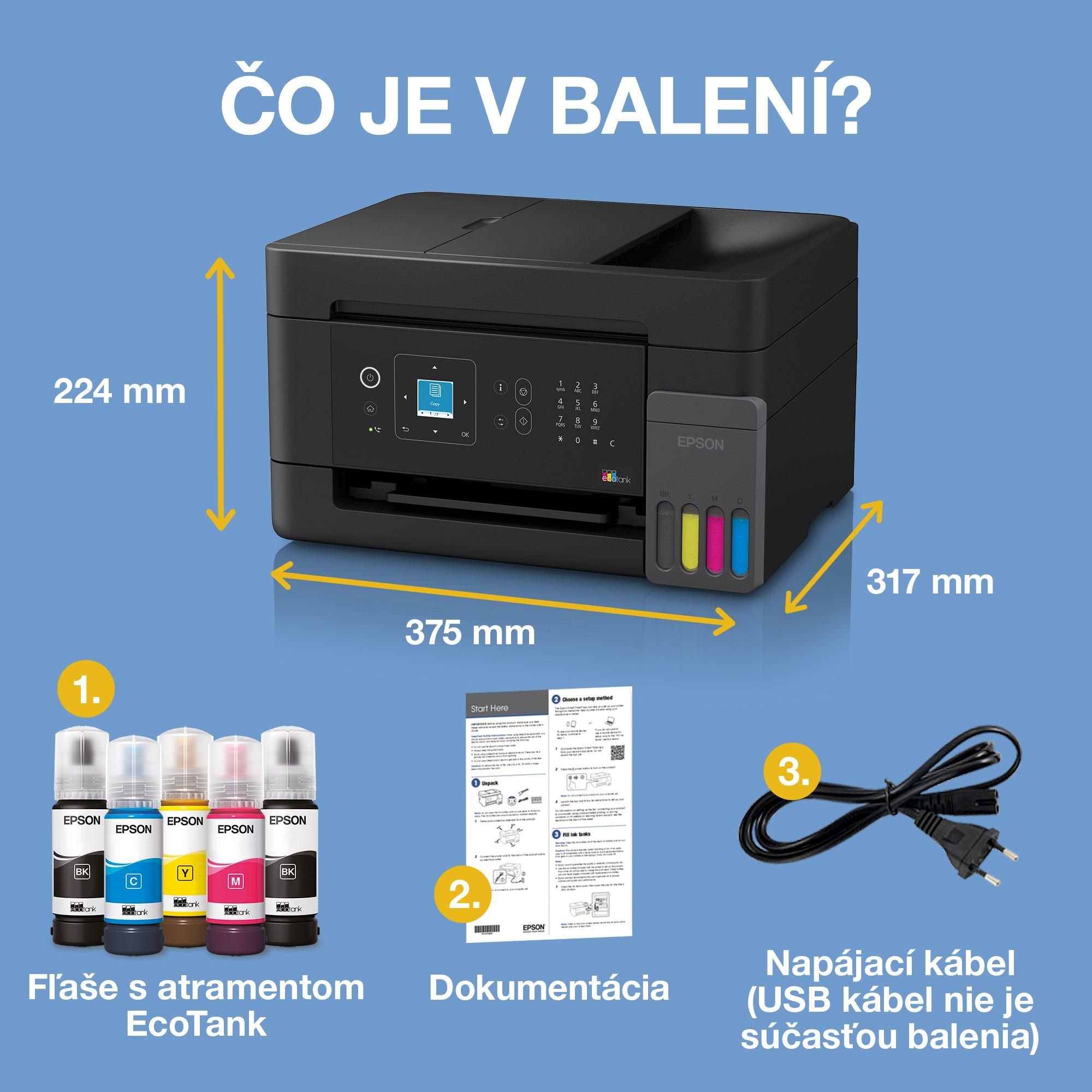 EcoTank L5390 – multifunkčná tlačiareň formátu A4 s Wi‑Fi a AirPrint, atramentovým zásobníkom, LCD displejom, podávačom dokumentov a atramentom až na 3 roky tlače v cene whats in the box