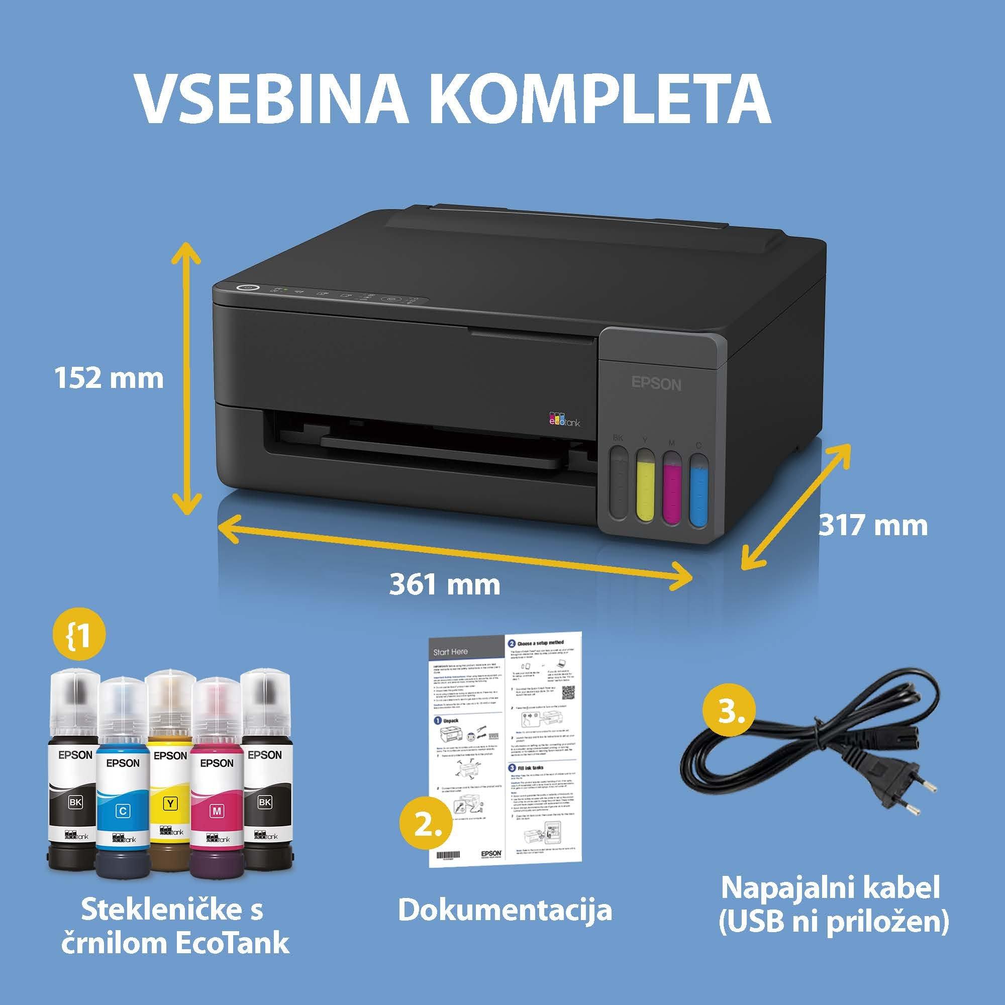 Večnamenski tiskalnik A4 EcoTank L1350 s povezljivostjo Wi-Fi in sistemom posod s črnilom AirPrint, z vključenim črnilom za do 3 leta uporabe whats in the box