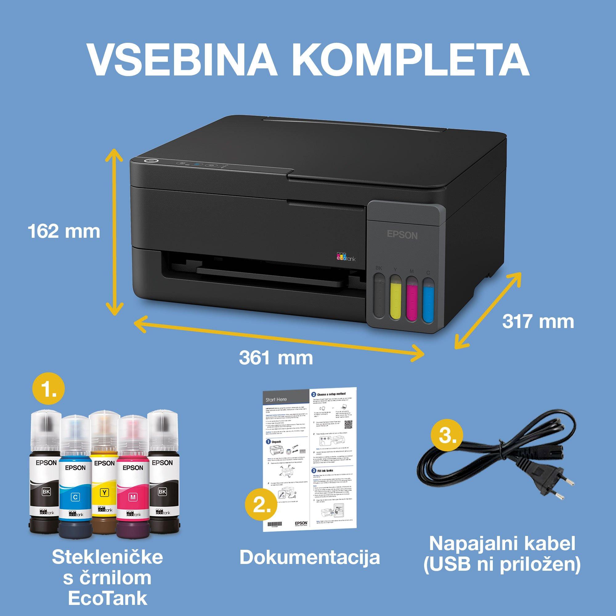 Večnamenski tiskalnik A4 EcoTank L3350 s povezljivostjo Wi-Fi in sistemom posod s črnilom AirPrint, z vključenim črnilom za do 3 leta uporabe whats in the box