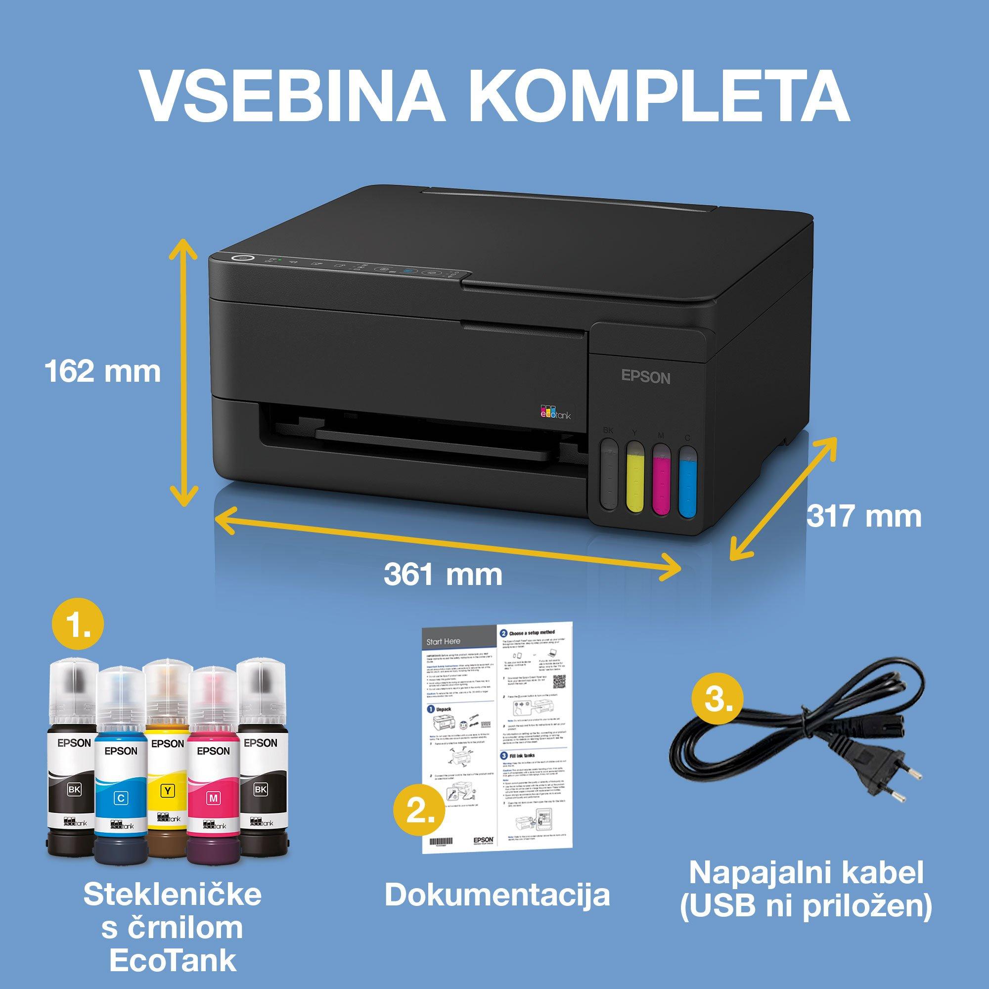 Večnamenski tiskalnik A4 EcoTank L3351 s povezljivostjo Wi-Fi in sistemom posod s črnilom AirPrint, z vključenim črnilom za do 3 leta uporabe whats in the box