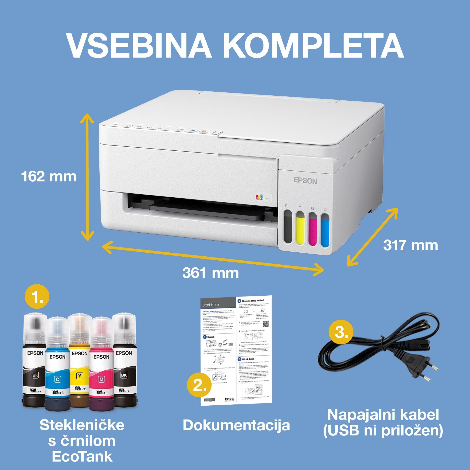 Večnamenski tiskalnik A4 EcoTank L3356 s povezljivostjo Wi-Fi in sistemom posod s črnilom AirPrint, z vključenim črnilom za do 3 leta uporabe whats in the box