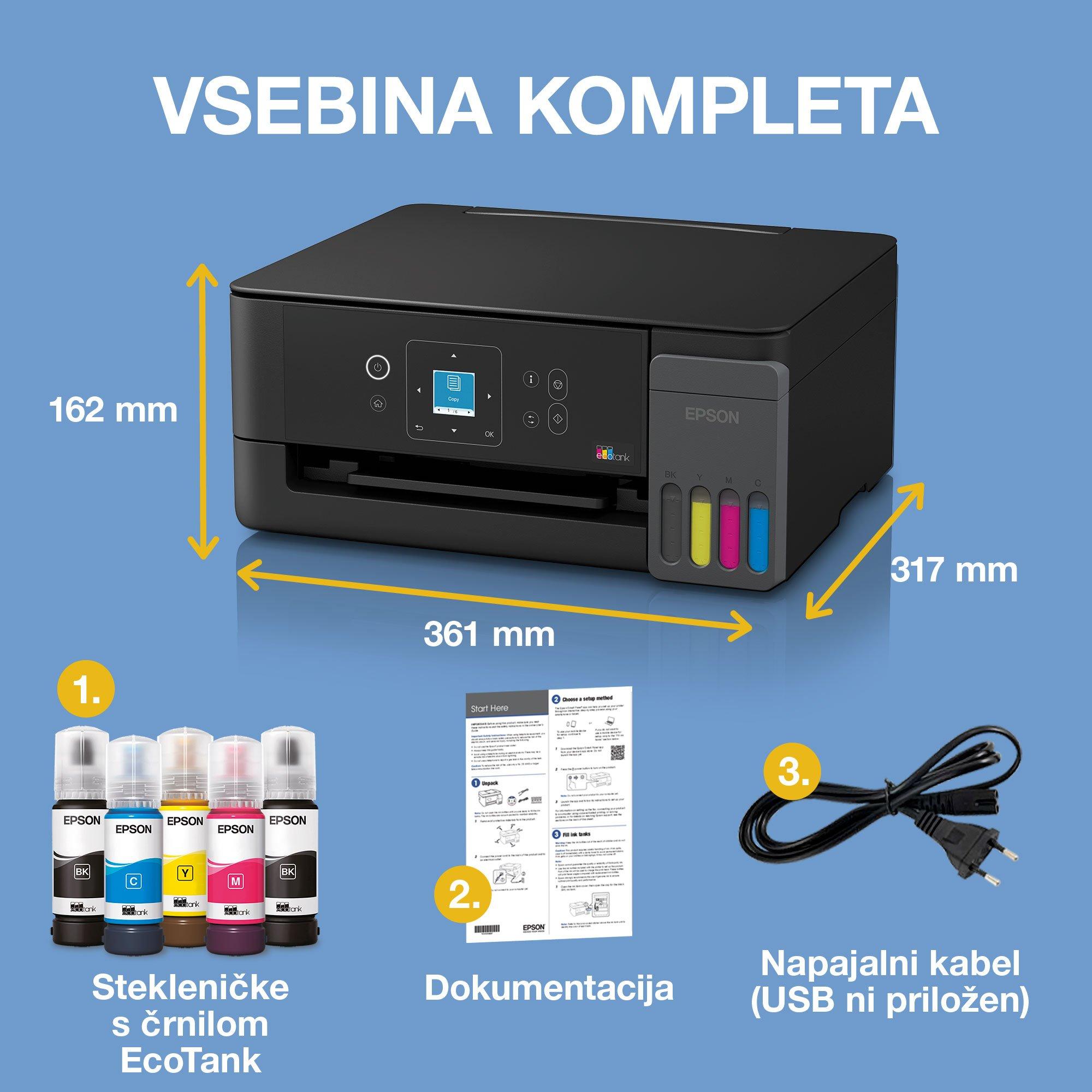 Večnamenski tiskalnik A4 EcoTank L3360 s povezljivostjo Wi-Fi in sistemom posod s črnilom AirPrint ter zaslonom LCD, z vključenim črnilom za do 3 leta uporabe whats in the box