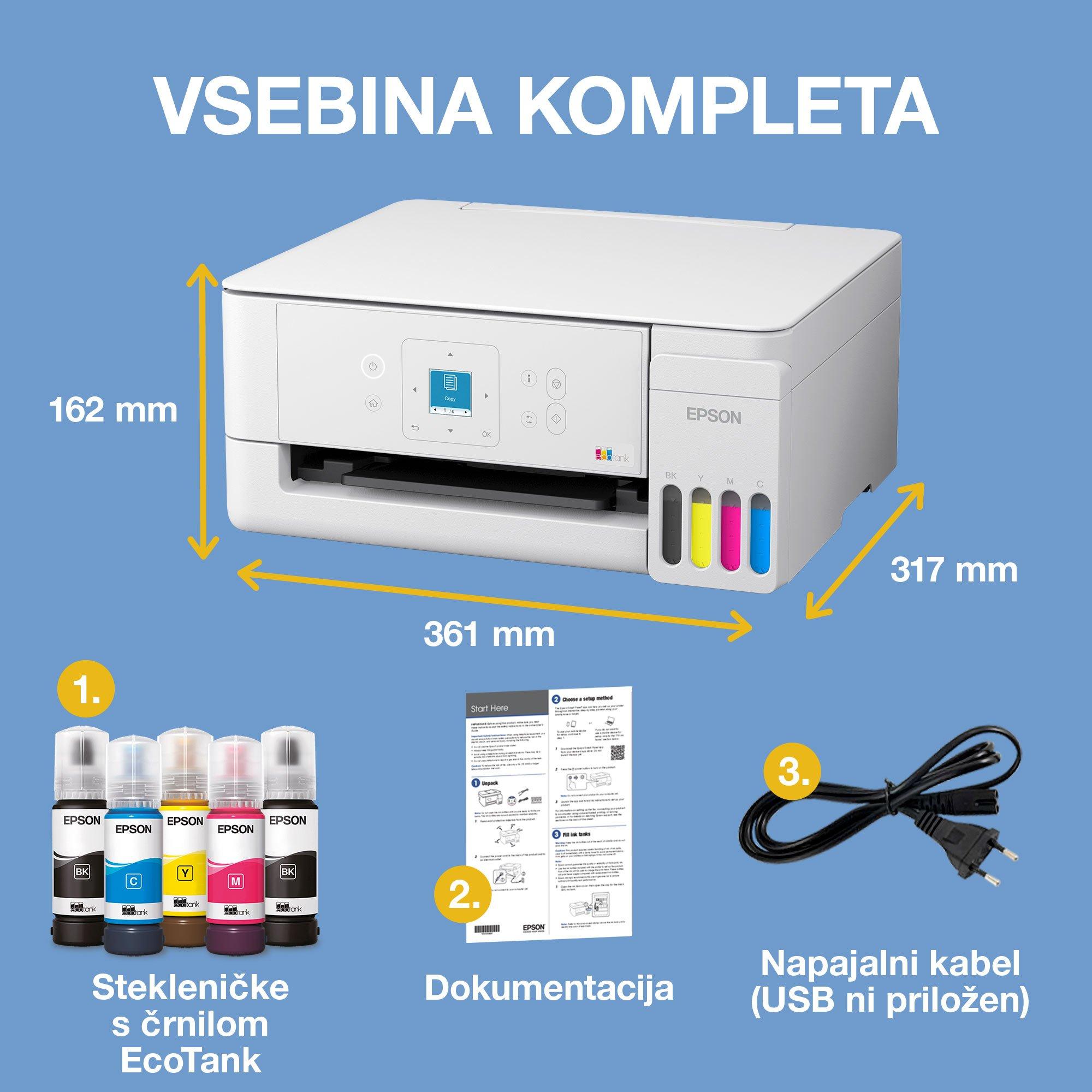 Večnamenski tiskalnik A4 EcoTank L3366 s povezljivostjo Wi-Fi in sistemom posod s črnilom AirPrint ter zaslonom LCD, z vključenim črnilom za do 3 leta uporabe whats in the box