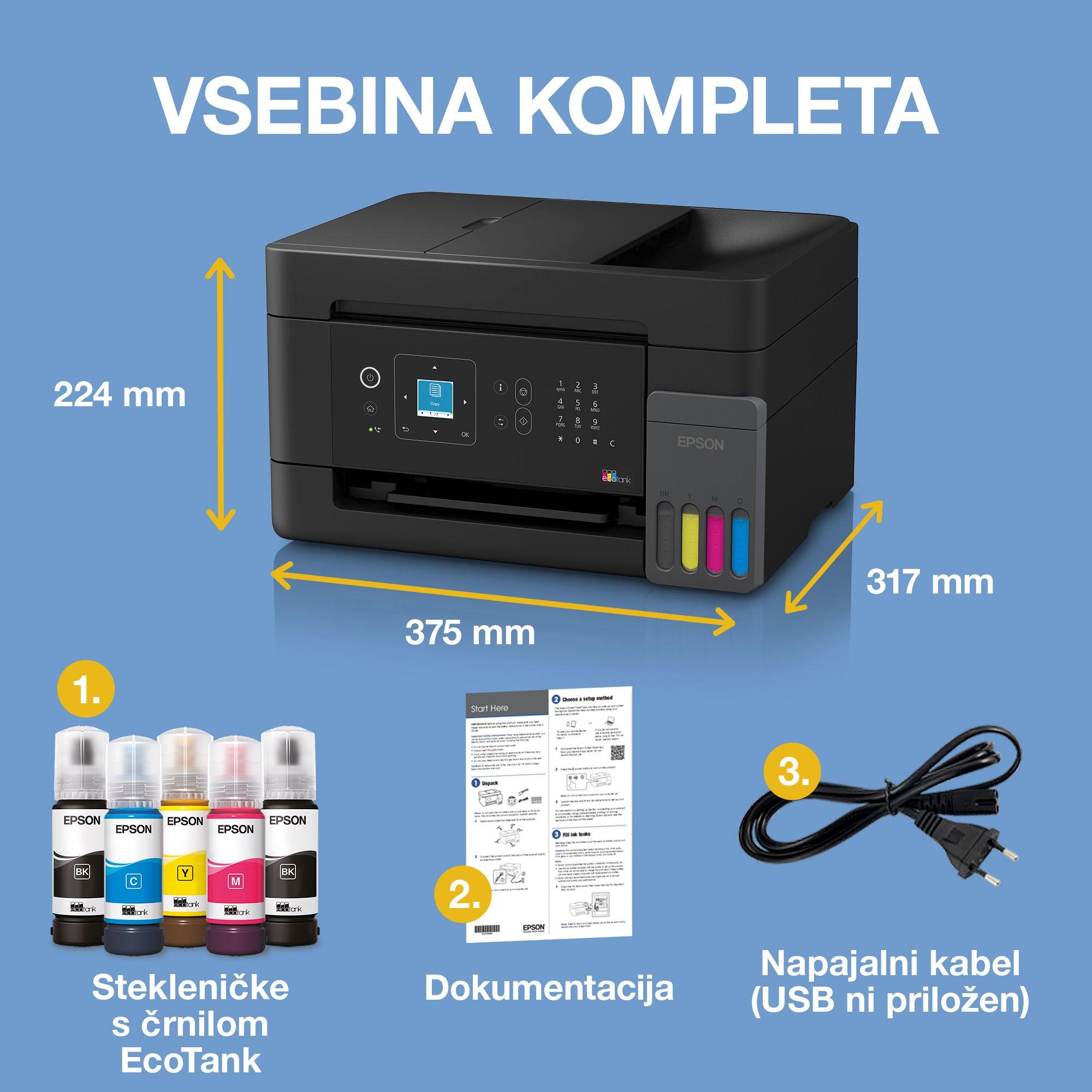 Večnamenski tiskalnik A4 EcoTank L5390 s povezljivostjo Wi-Fi in sistemom posod s črnilom AirPrint ter zaslonom LCD, z samodejnim podajalnikom dokumentov in vključenim črnilom za do 3 leta uporabe whats in the box