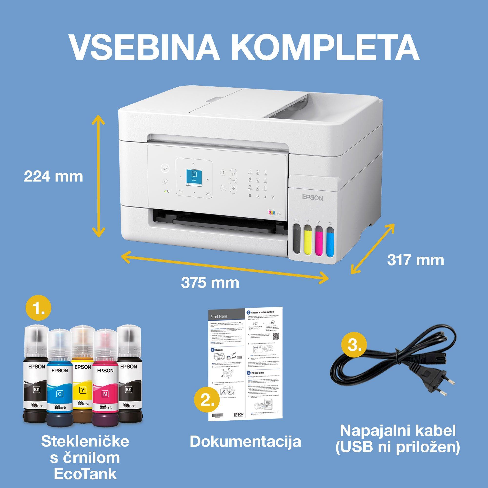 Večnamenski tiskalnik A4 EcoTank L5396 s povezljivostjo Wi-Fi in sistemom posod s črnilom AirPrint ter zaslonom LCD, z samodejnim podajalnikom dokumentov in vključenim črnilom za do 3 leta uporabe whats in the box