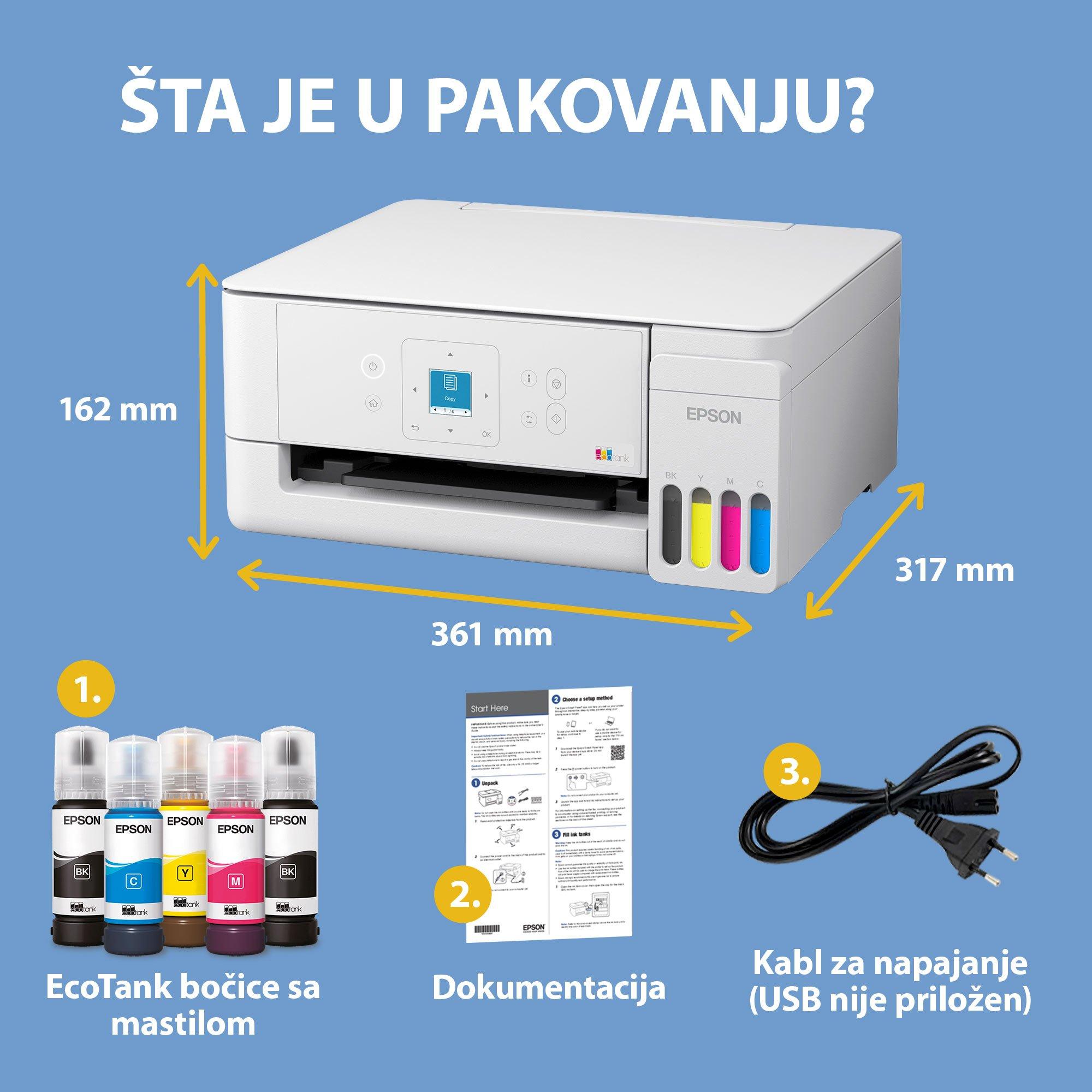 Multifunkcionalni štampač EcoTank L3366 formata A4 sa rezervoarom za mastilo, Wi-Fi vezom, tehnologijom AirPrint, LCD ekranom i mastilom za do 3 godine rada whats in the box