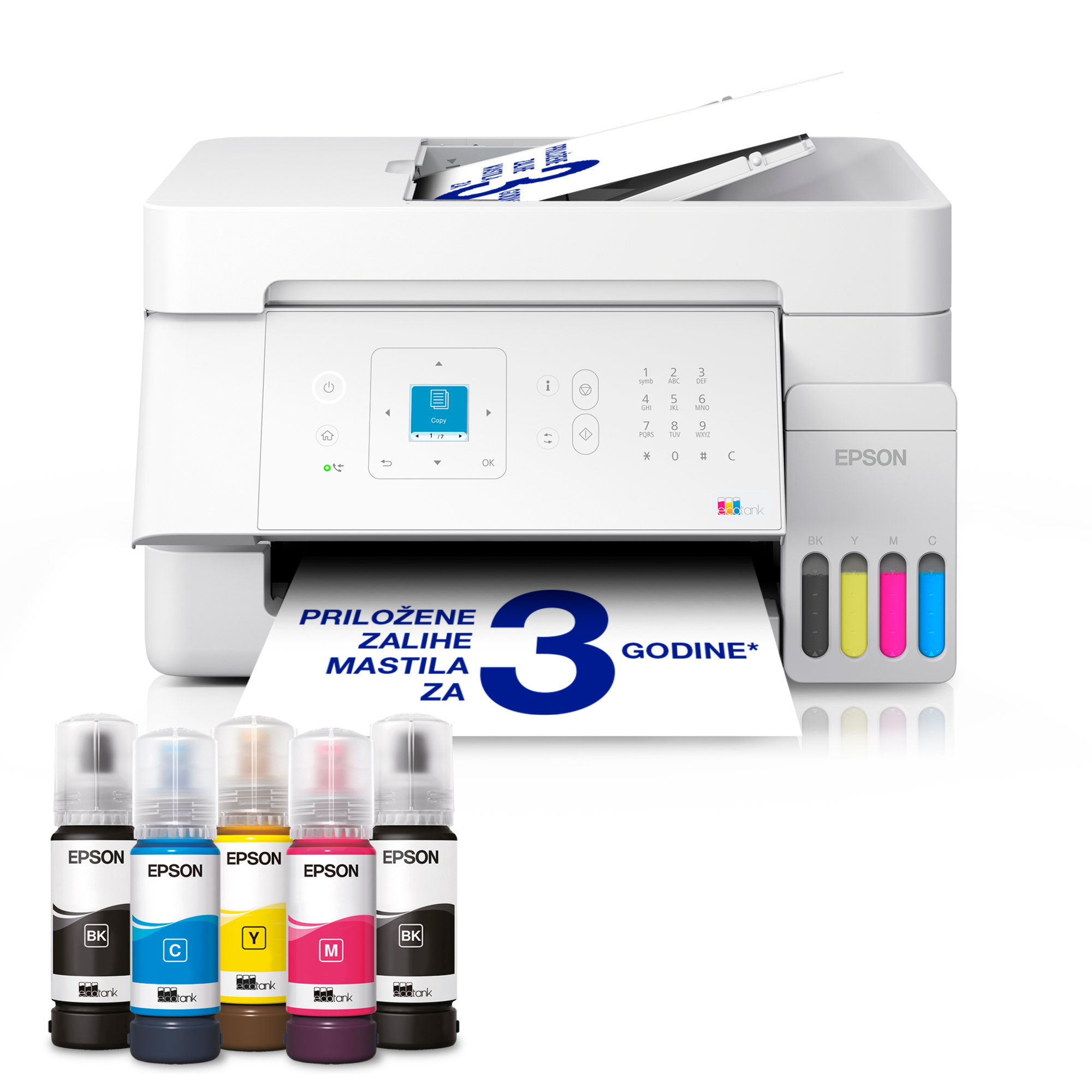 Multifunkcionalni štampač EcoTank L5396 formata A4 sa rezervoarom za mastilo, Wi-Fi vezom, tehnologijom AirPrint, LCD ekranom, ADF-om i mastilom za do 3 godine rada