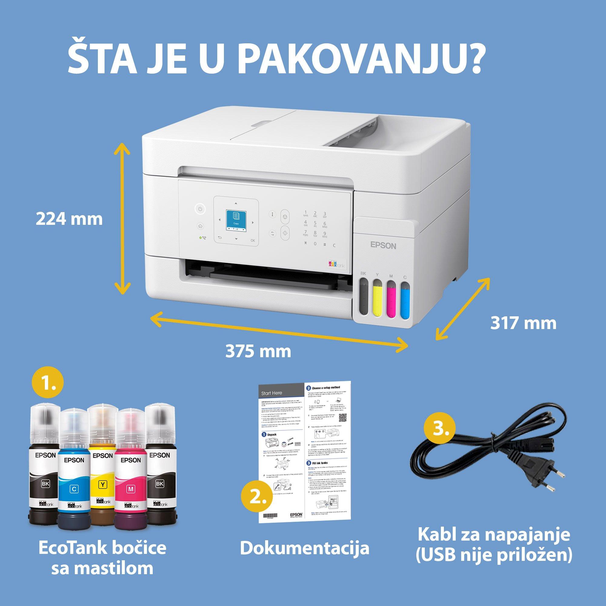 Multifunkcionalni štampač EcoTank L5396 formata A4 sa rezervoarom za mastilo, Wi-Fi vezom, tehnologijom AirPrint, LCD ekranom, ADF-om i mastilom za do 3 godine rada whats in the box