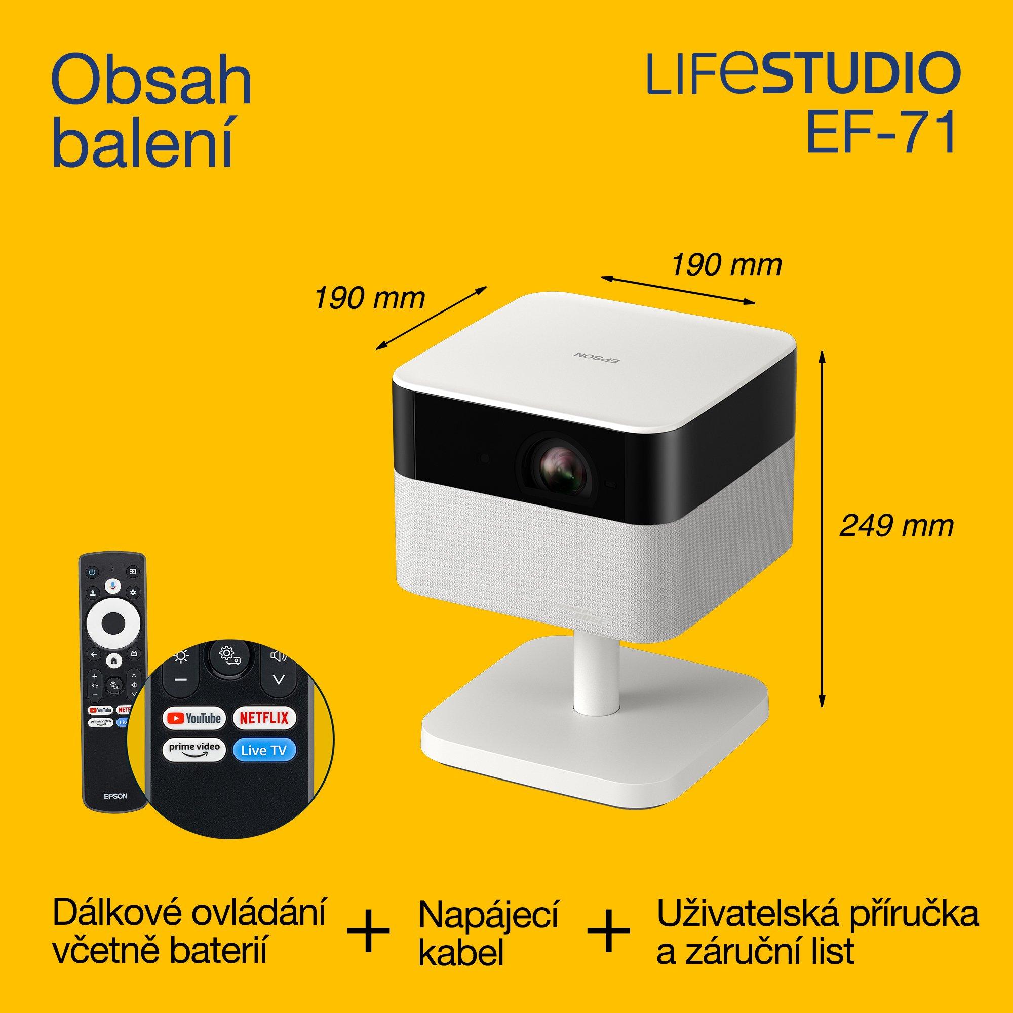 Epson Lifestudio Flex EF-71, Full HD 1080p Smart TV projektor, přenosný, 700 lumenů, Sound by Bose, Google TV, projekční plocha o velikosti 150'' whats in the box