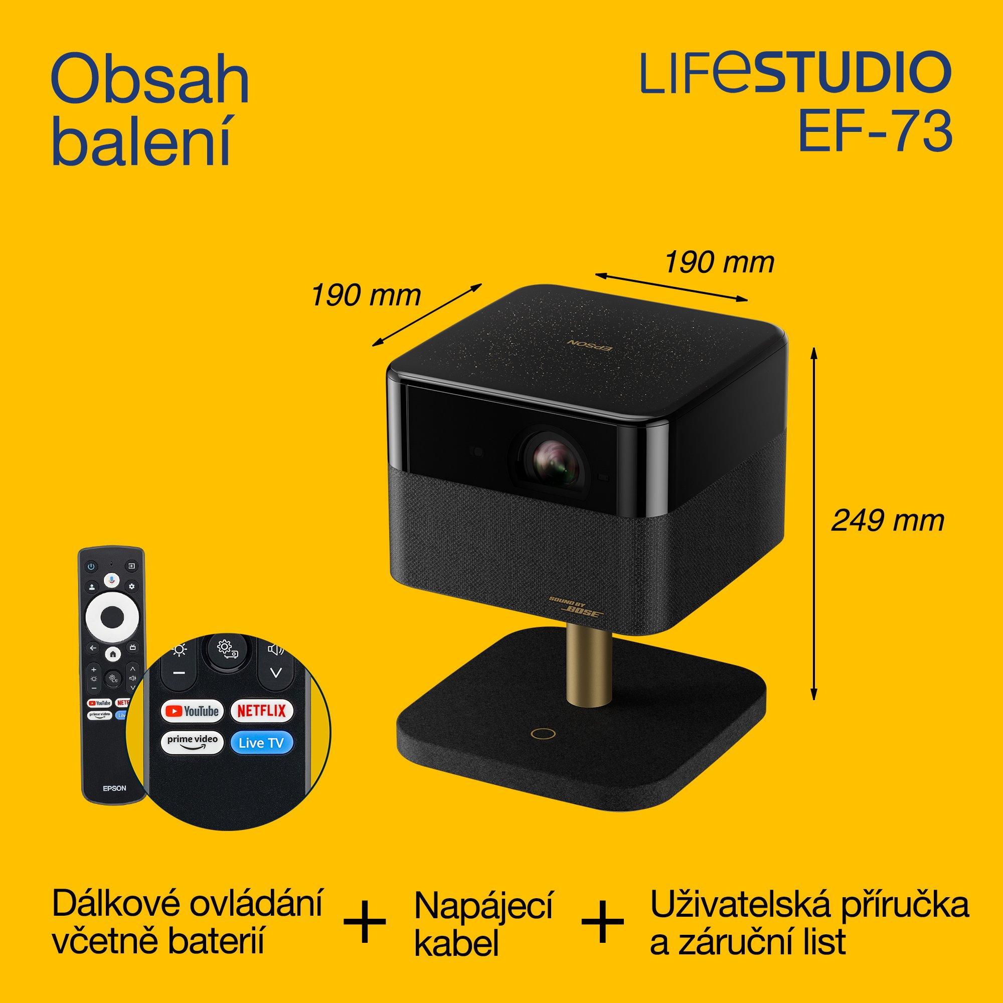 Epson Lifestudio Flex Plus EF-73, 4K PRO-UHD Smart TV projektor, přenosný, 1000 lumenů, Sound by Bose, Google TV, projekční plocha o velikosti 150'' whats in the box