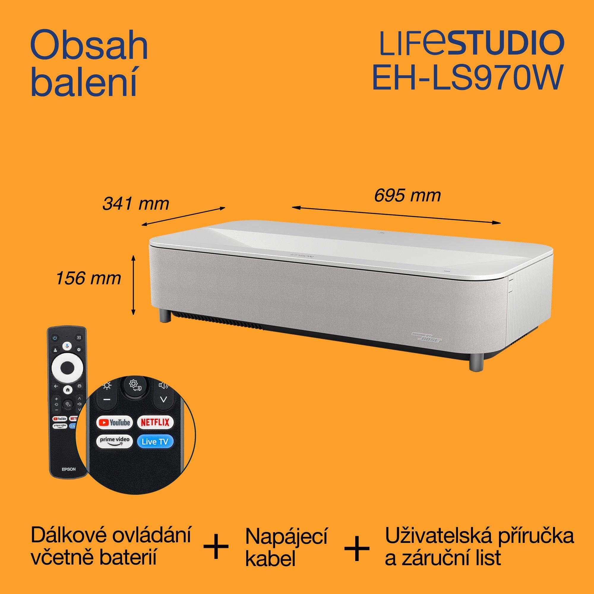 Epson Lifestudio Grand Plus EH-LS970W, inteligentní laserový projektor/TV s velmi krátkou projekční vzdáleností, domácí kino v rozlišení 4K, 4 000 lumenů, Sound by Bose, Google TV, velikost projekční plochy 150'', pětiletá záruka whats in the box
