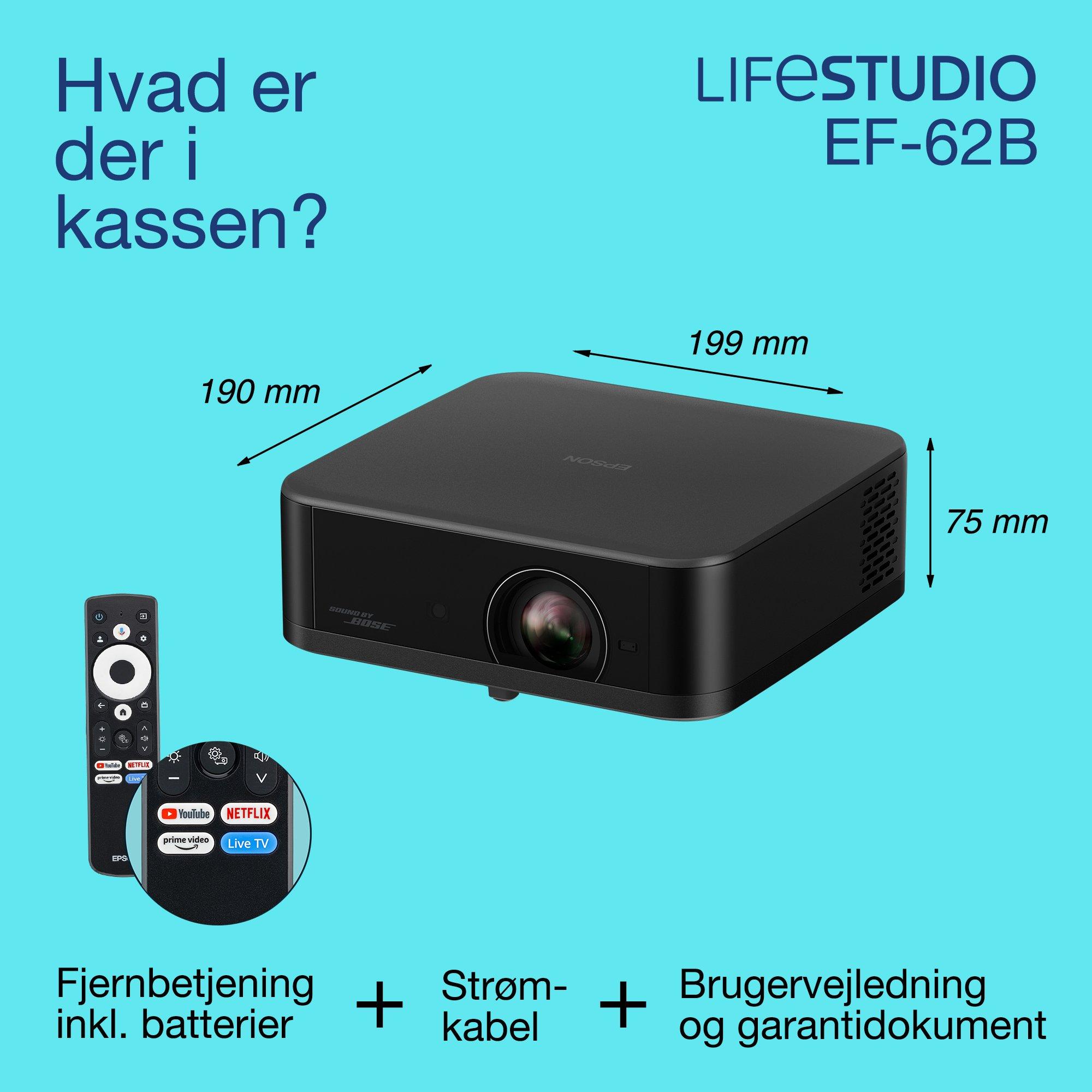 Epson Lifestudio Pop Plus EF-62B, 4K PRO-UHD Smart TV-projektor, bærbar, 700 lumen, Sound by Bose, Google TV, 150'' skærm whats in the box