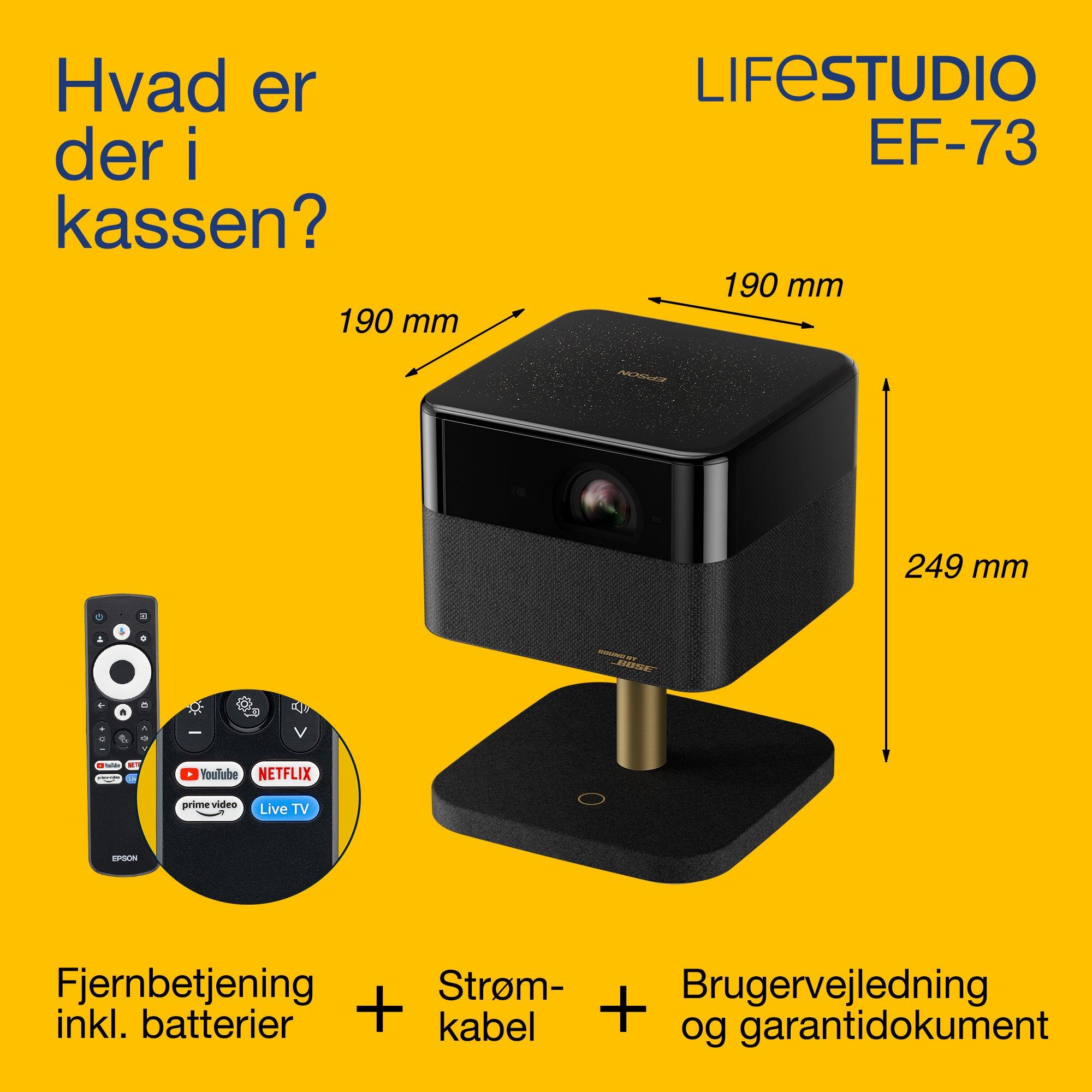 Epson Lifestudio Flex Plus EF-73, 4K PRO-UHD Smart TV-projektor, bærbar, 1.000 lumen, Sound by Bose, Google TV, 150'' skærm whats in the box