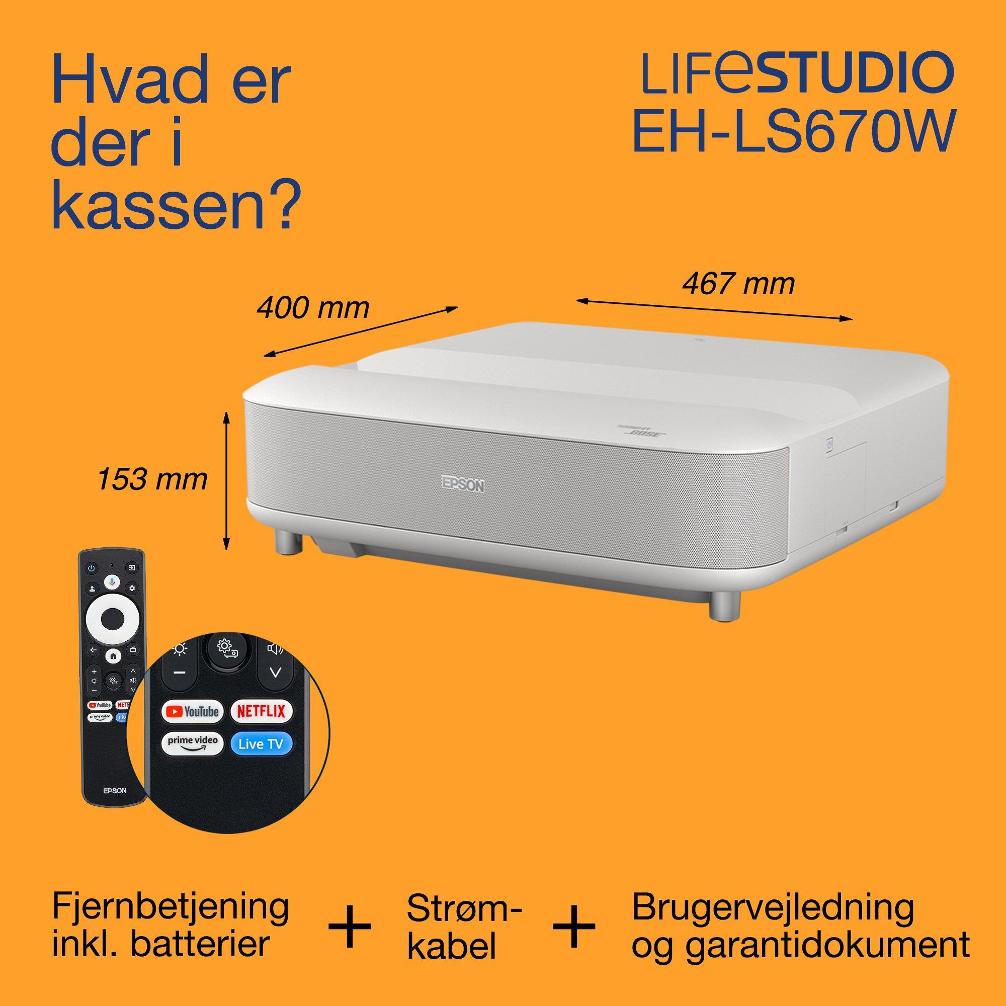 Epson Lifestudio EH-LS670W, Ultra-Short Throw Smart-laserprojektor-TV, 4K PRO-UHD, 3.600 lumen, Sound by Bose, Google TV, 120'' skærm, 5 års garanti whats in the box