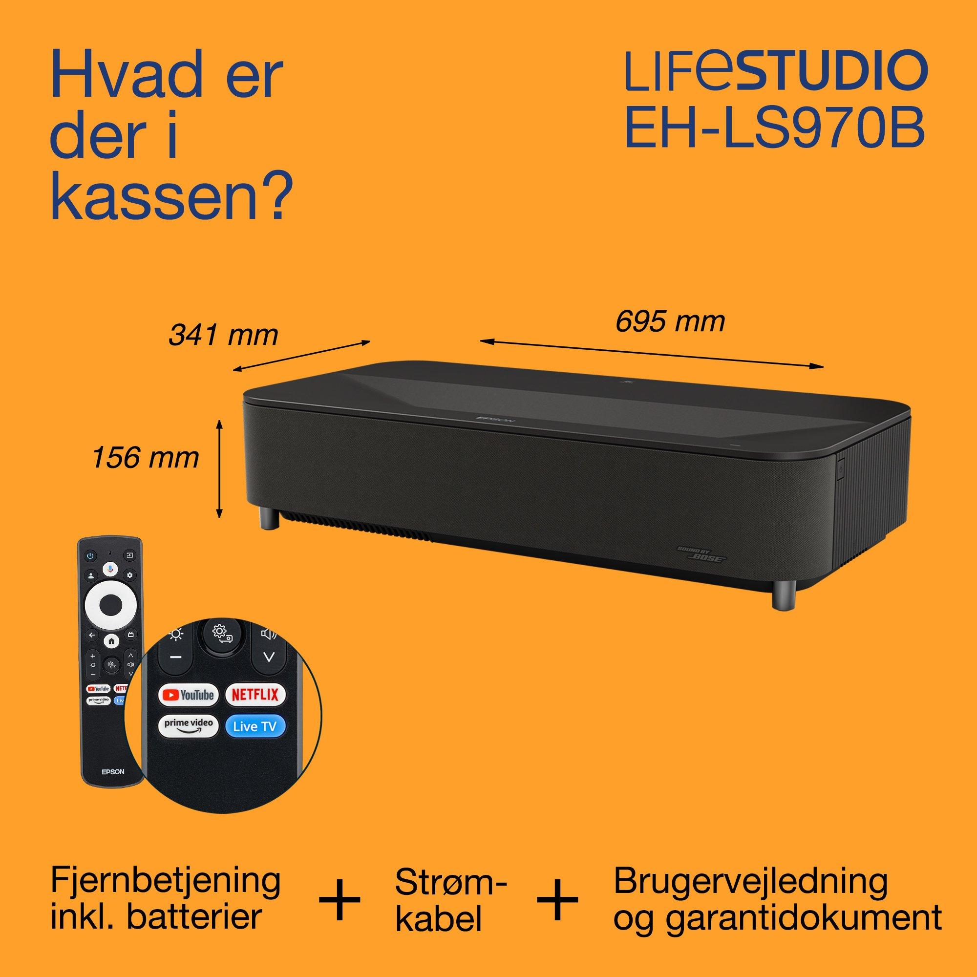 Epson Lifestudio Grand Plus EH-LS970B, Ultra-Short Throw Smart-laserprojektor-TV, hjemmebiograf 4K, 4.000 lumen, Sound by Bose, Google TV, 150'' skærm, 5 års garanti whats in the box