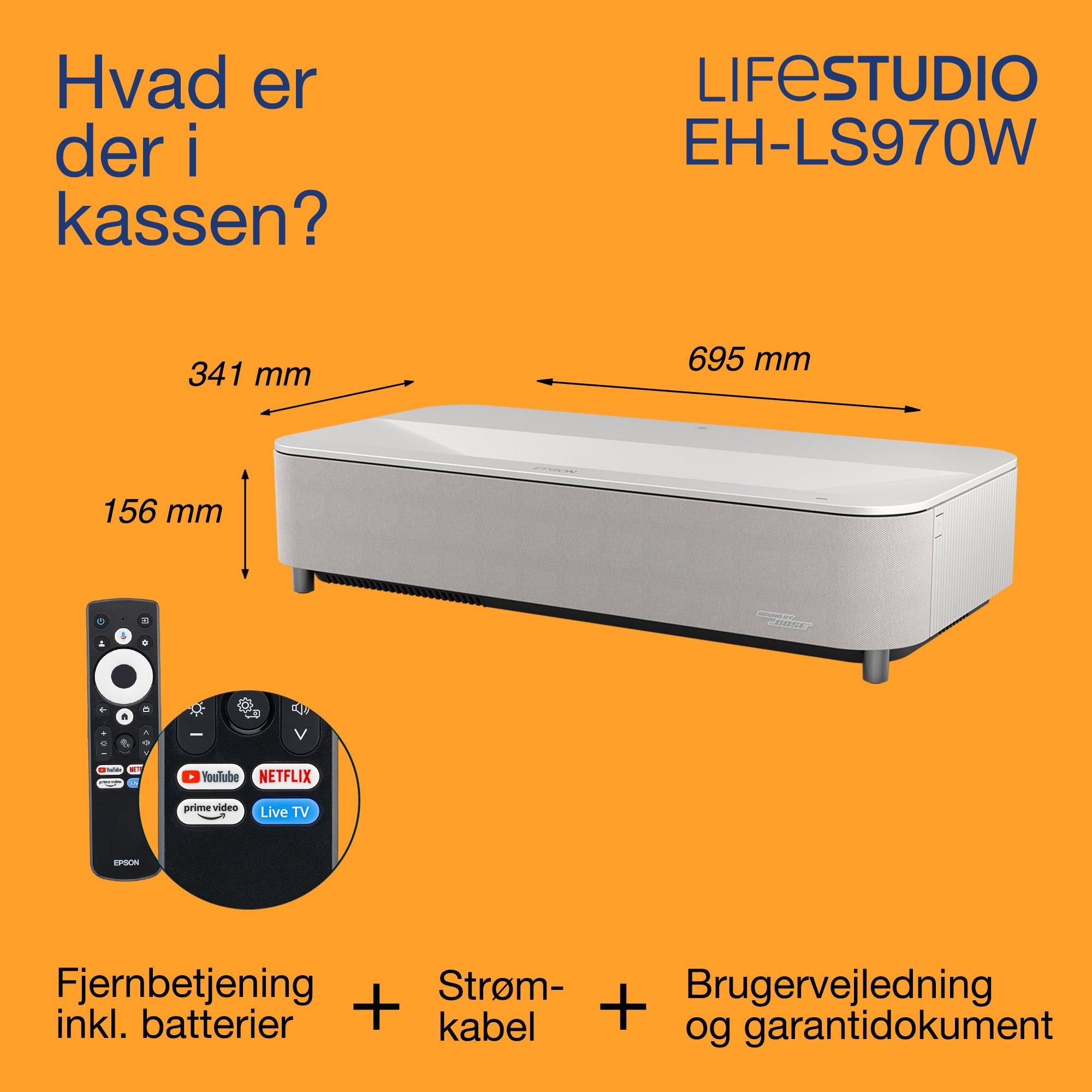 Epson Lifestudio Grand Plus EH-LS970W, Ultra-Short Throw Smart-laserprojektor-TV, hjemmebiograf 4K, 4.000 lumen, Sound by Bose, Google TV, 150'' skærm, 5 års garanti whats in the box