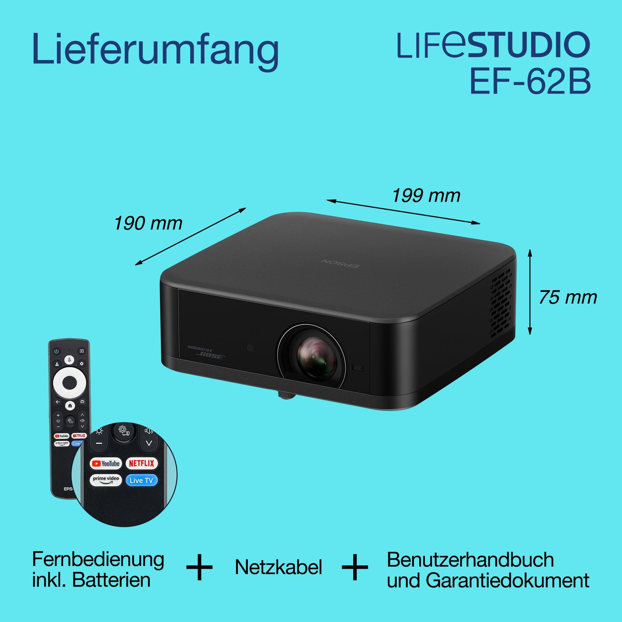 Epson Lifestudio Pop Plus EF-62B, 4K-PRO-UHD-Smart-TV-Projektor, tragbar, 700 Lumen, Sound by Bose, Google TV, 150-Zoll-Display whats in the box