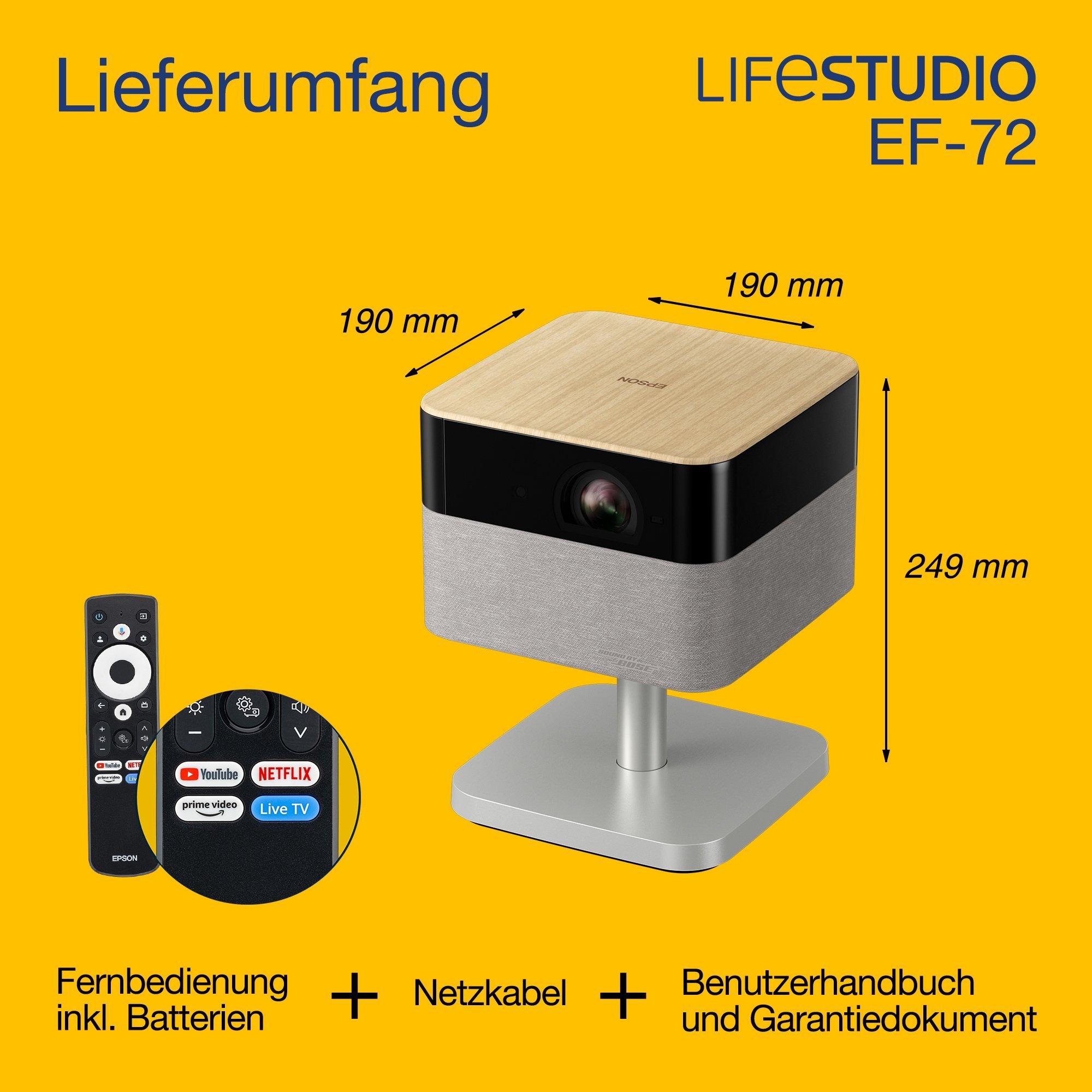 Epson Lifestudio Flex Plus EF-72, 4K-PRO-UHD Smart-TV-Projektor, tragbar, 1.000 Lumen, Sound by Bose, Google TV, 150-Zoll-Display whats in the box