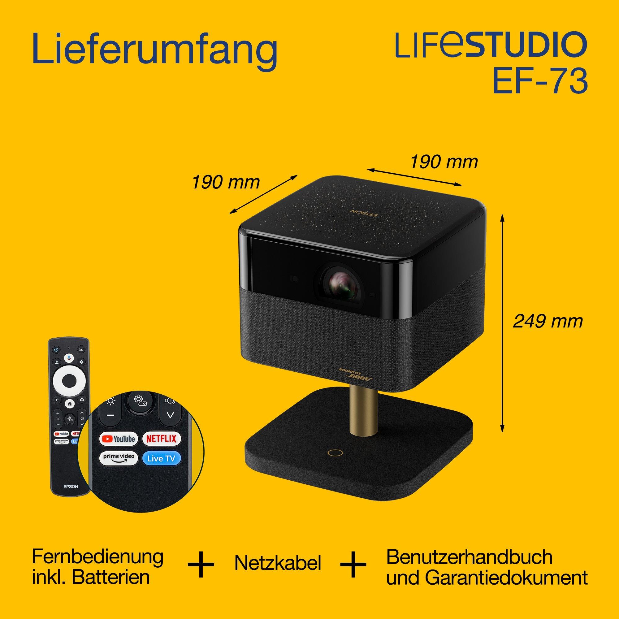 Epson Lifestudio Flex Plus EF-73, 4K-PRO-UHD Smart-TV-Projektor, tragbar, 1.000 Lumen, Sound by Bose, Google TV, 150-Zoll-Display whats in the box