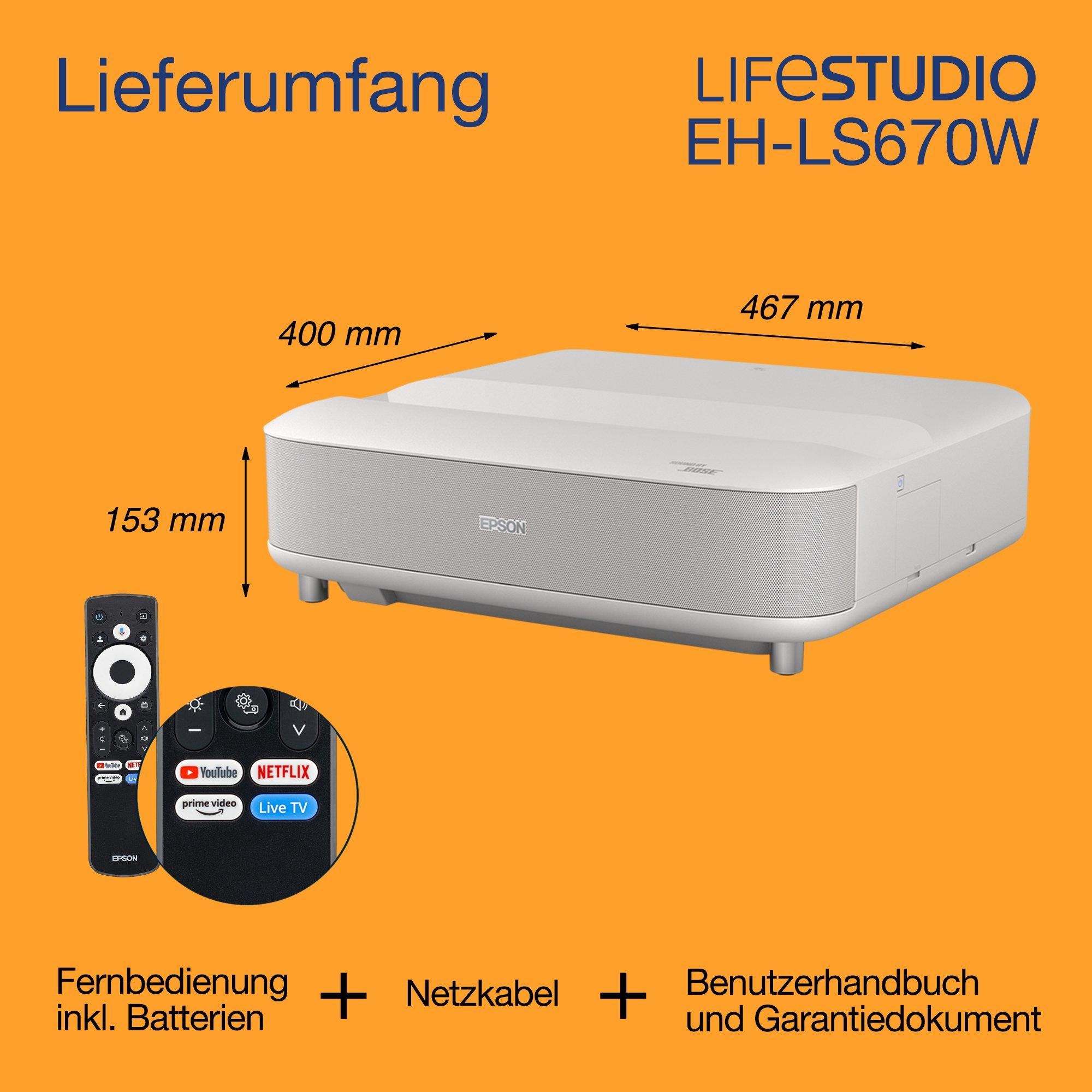 Epson Lifestudio Grand EH-LS670W, Smart-Laserprojektor mit Ultrakurzdistanz-Projektion als TV-Ersatz, 4K PRO-UHD, 3.600 Lumen, Sound by Bose, Google TV, 120-Zoll-Display, 5 Jahre Garantie whats in the box
