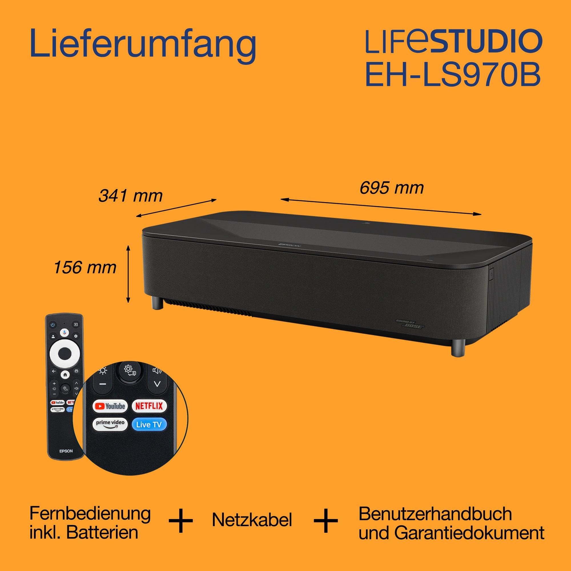 Epson Lifestudio Grand Plus EH-LS970B, Ultrakurzdistanz-Smart-Laserprojektor als TV-Ersatz, Heimkino 4K, 4.000 Lumen, Sound by Bose, Google TV, 150-Zoll-Display, 5 Jahre Garantie whats in the box