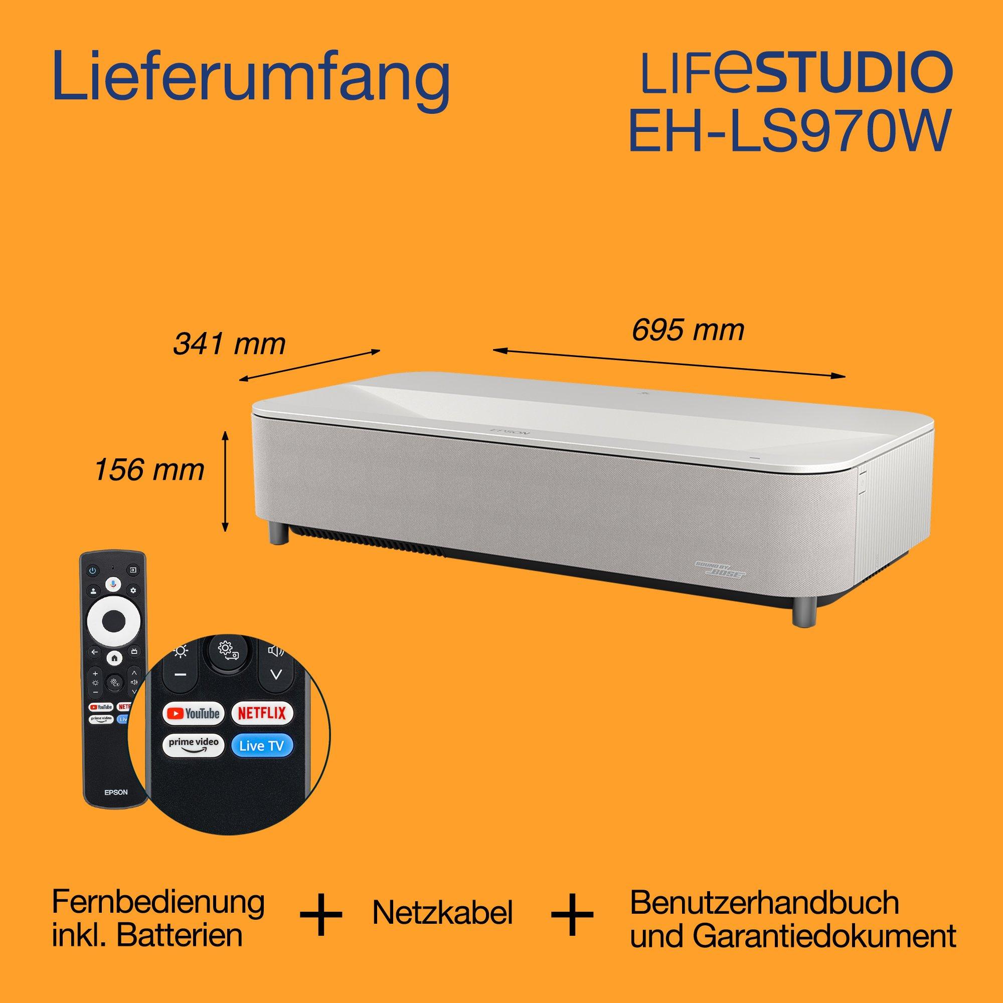 Epson Lifestudio Grand Plus EH-LS970W, Ultrakurzdistanz-Smart-Laserprojektor als TV-Ersatz, Heimkino 4K, 4.000 Lumen, Sound by Bose, Google TV, 150-Zoll-Display, 5 Jahre Garantie whats in the box