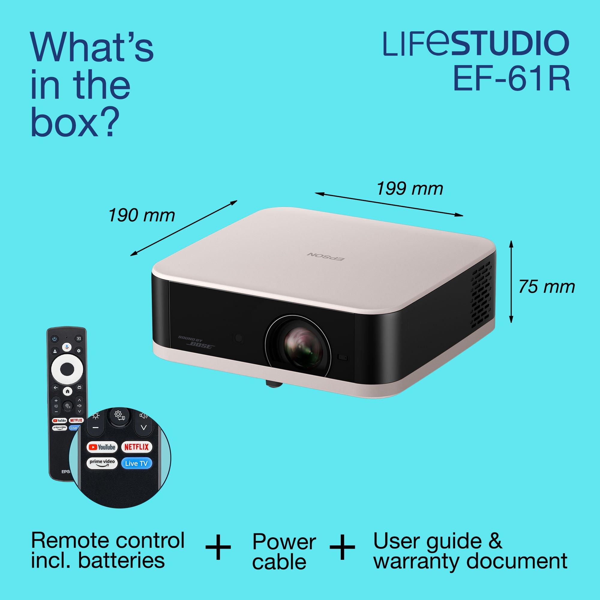 Epson Lifestudio Pop EF-61R, Full HD 1080p Smart TV Projector, Portable, 700 lumens, Sound by Bose, Google TV, 150'' display whats in the box