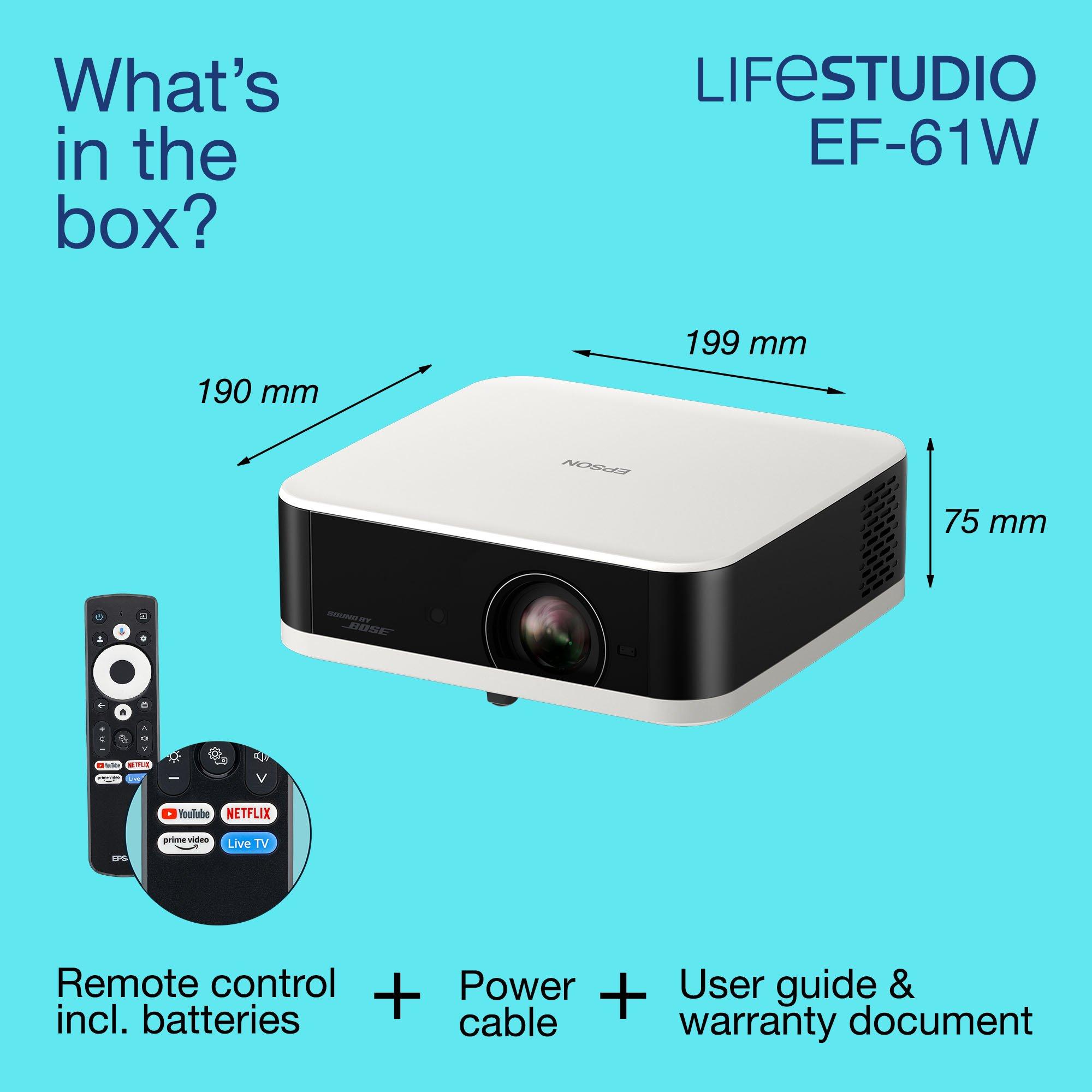Epson Lifestudio Pop EF-61W, Full HD 1080p Smart TV Projector, Portable, 700 lumens, Sound by Bose, Google TV, 150'' display whats in the box