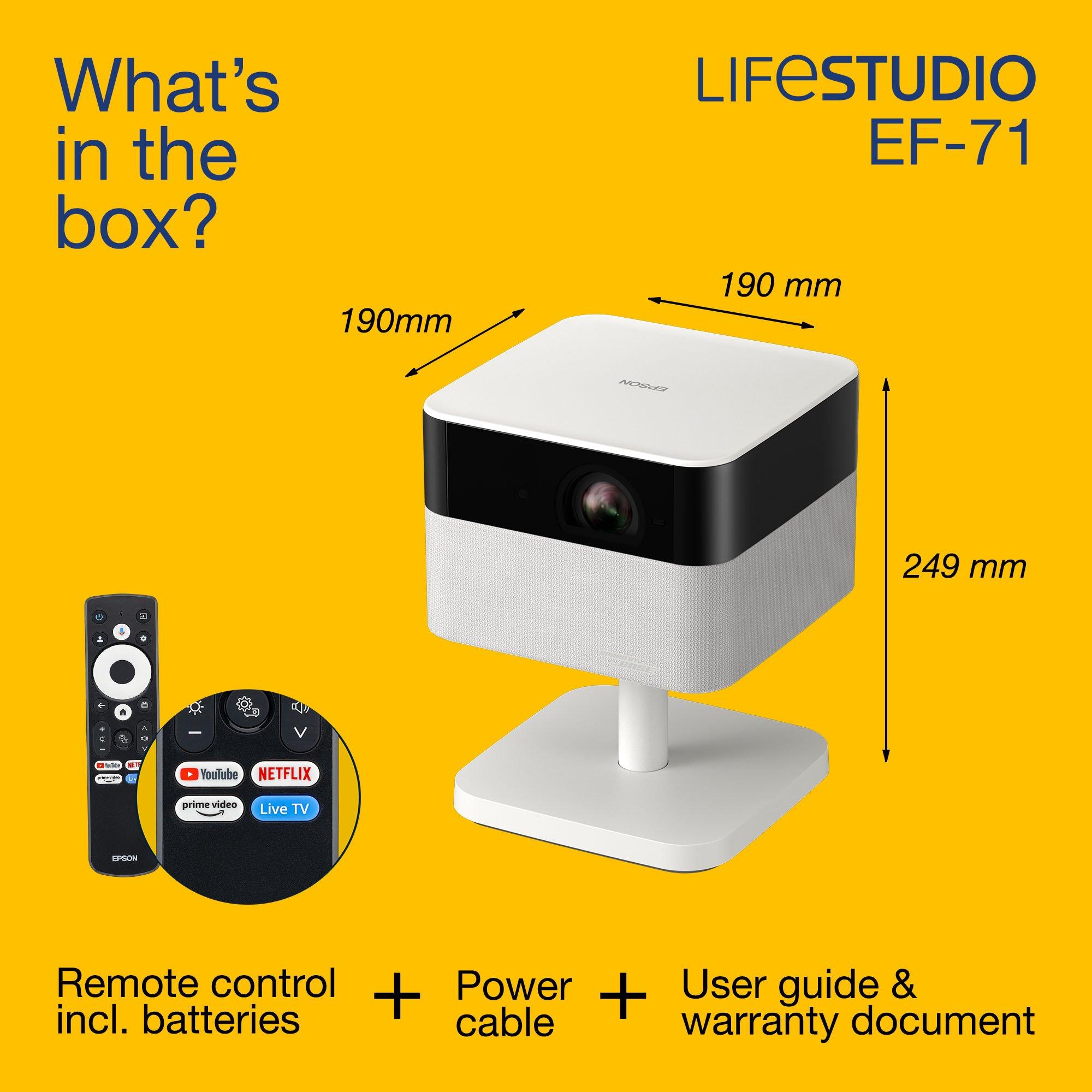 Epson Lifestudio Flex EF-71, Full HD 1080p Smart TV ‑projektori, kannettava, 700 lumenia, Sound by Bose, Google TV, 150 tuuman näyttö whats in the box