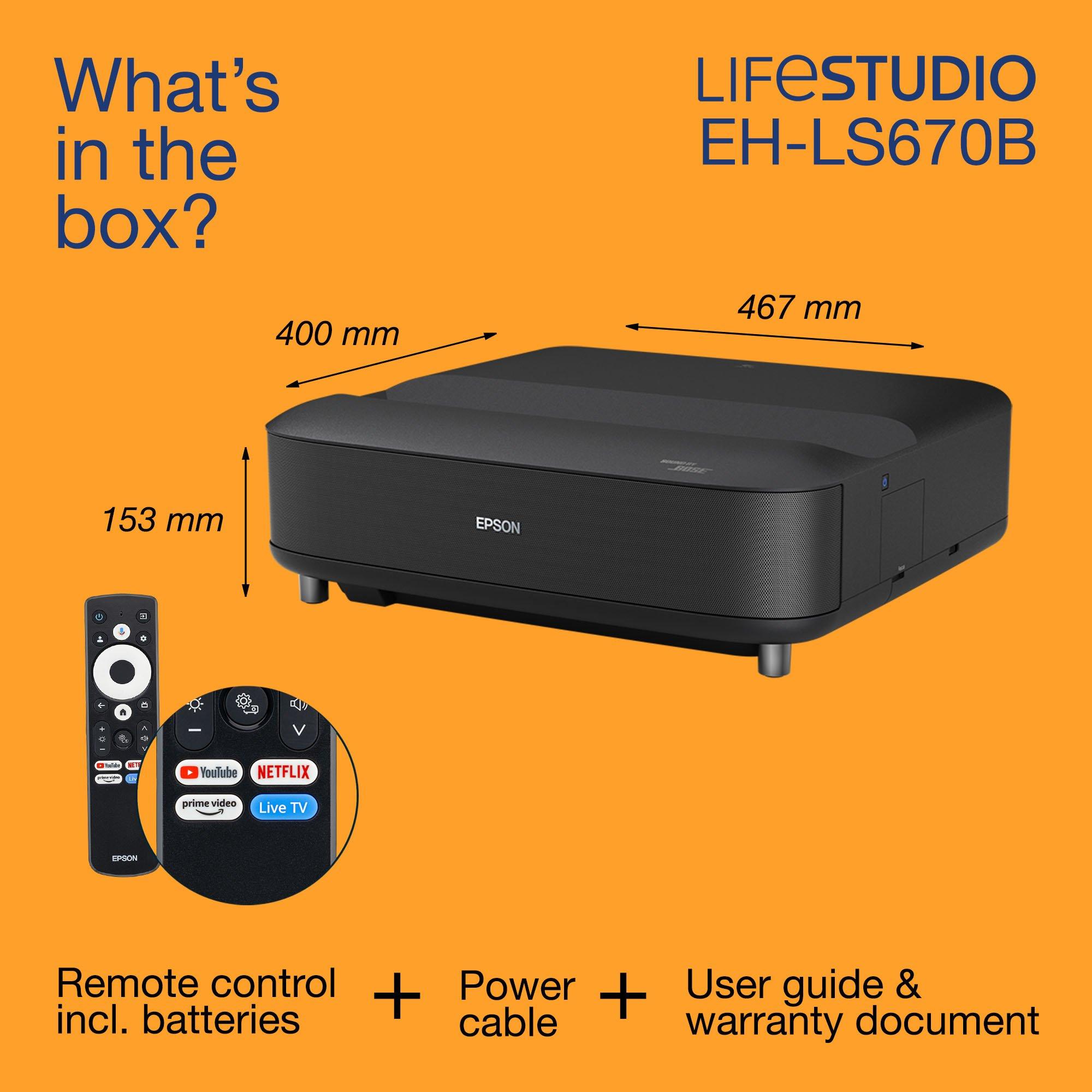 Epson Lifestudio Grand EH-LS670B, proiector laser inteligent cu proiecție pe distanțe ultrascurte-TV, 4K PRO-UHD, 3.600 de lumeni, Sound by Bose, Google TV, afișaj de 120", 5 ani garanție whats in the box