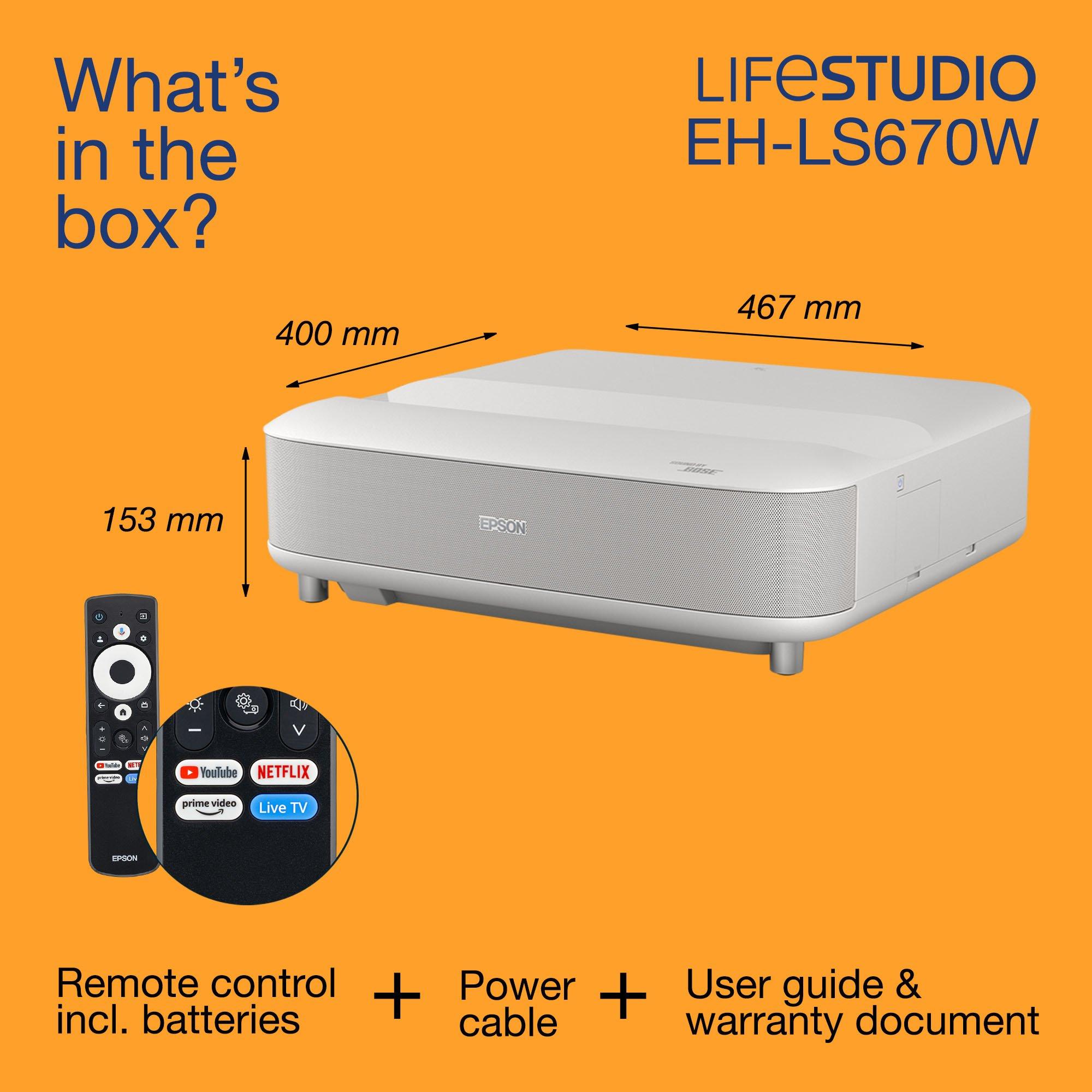 Epson Lifestudio Grand LS670W , pametni laserski projektor-TV s izuzetno kratkim dometom, 4K PRO-UHD, 3600 lumena, Sound by Bose, Google TV, zaslon od 120 inča, 5-godišnje jamstvo whats in the box