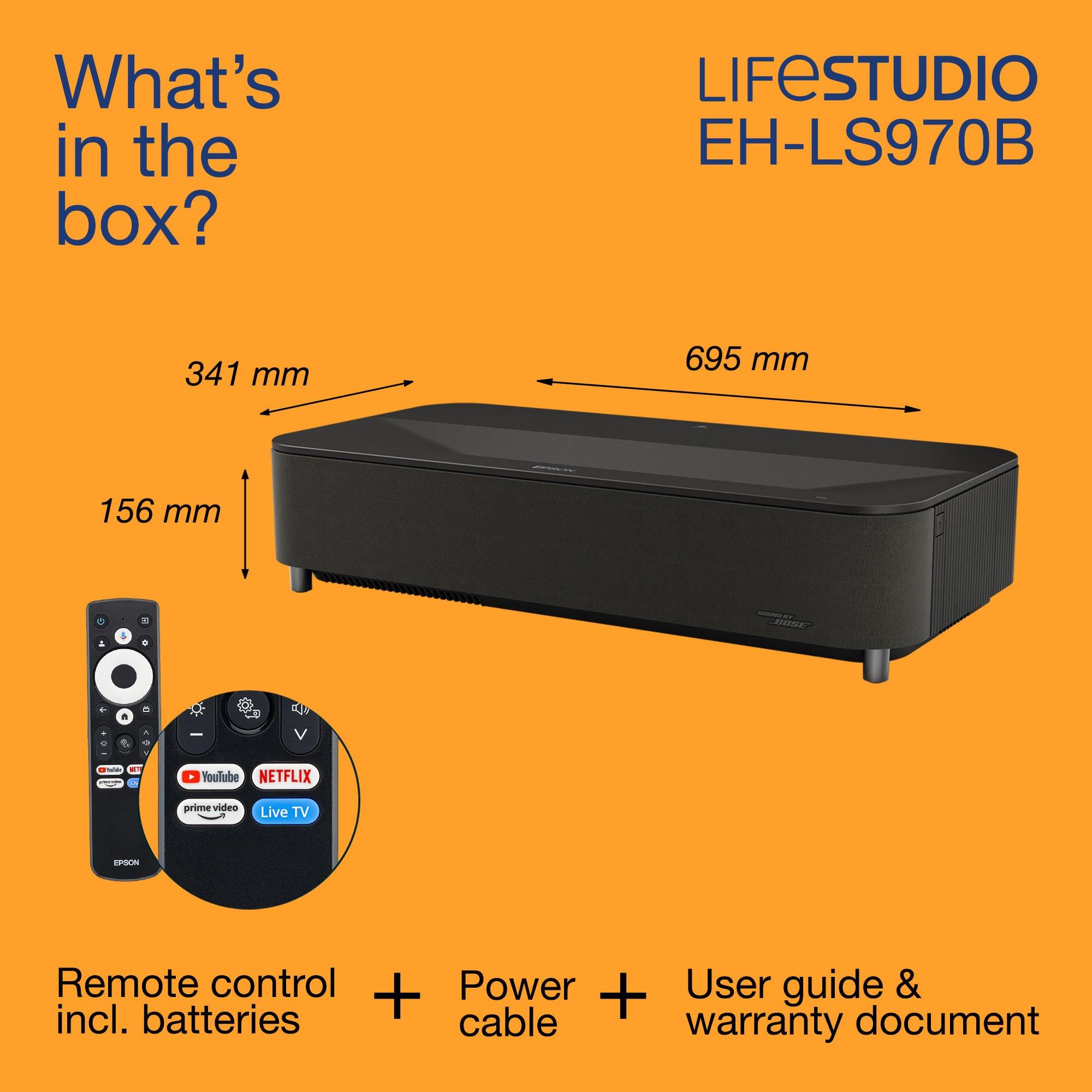 Epson Lifestudio Grand Plus EH-LS970B, pametni laserski projektor-TV s izuzetno kratkim dometom projiciranja, kućno kino 4K, 4000 lumena, Sound by Bose, Google TV, zaslon od 150 inča, 5-godišnje jamstvo whats in the box