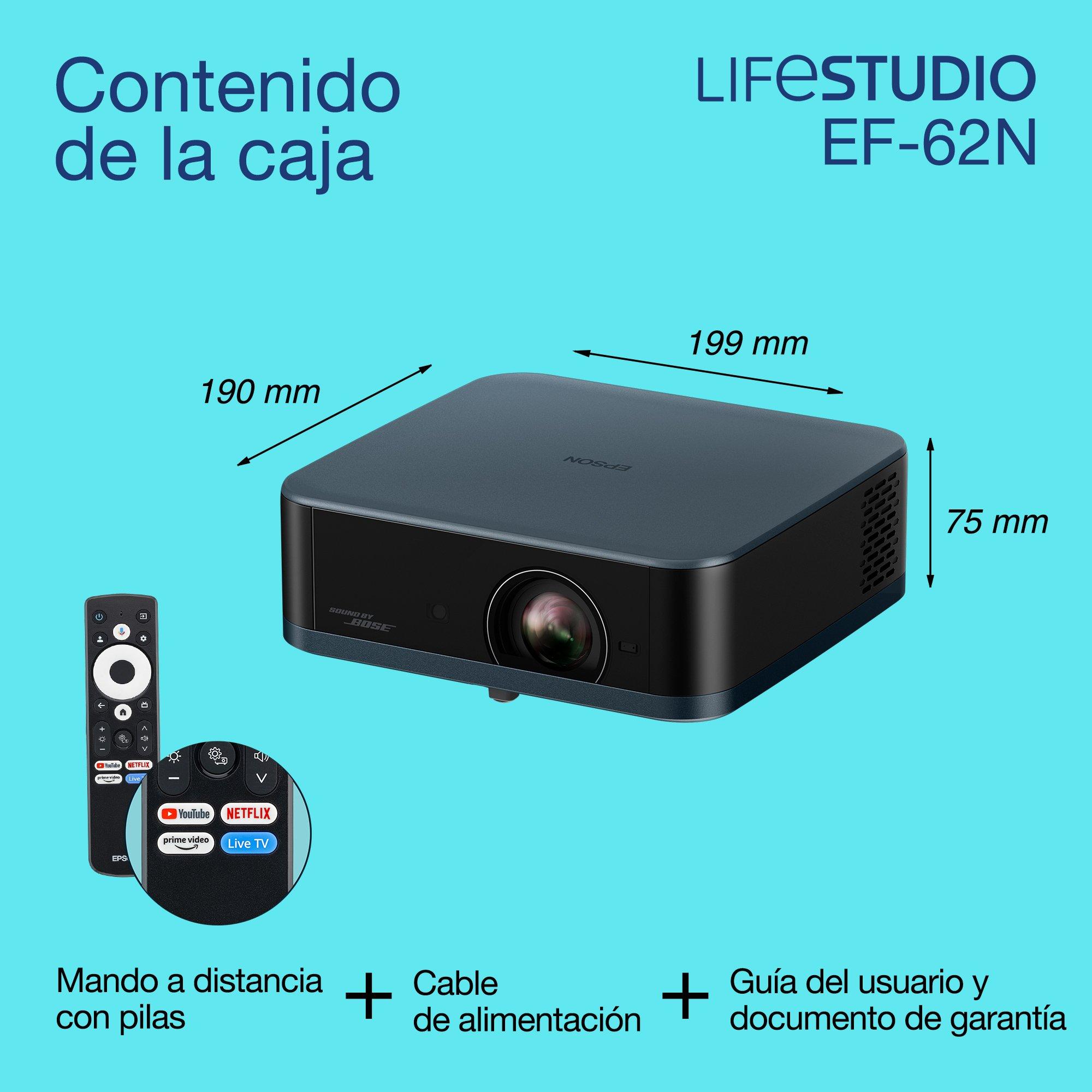 Epson Lifestudio Pop Plus EF-62N, proyector Smart TV 4K PRO-UHD, portátil, 700 lúmenes, Sound by Bose, Google TV, pantalla de 150 pulgadas whats in the box