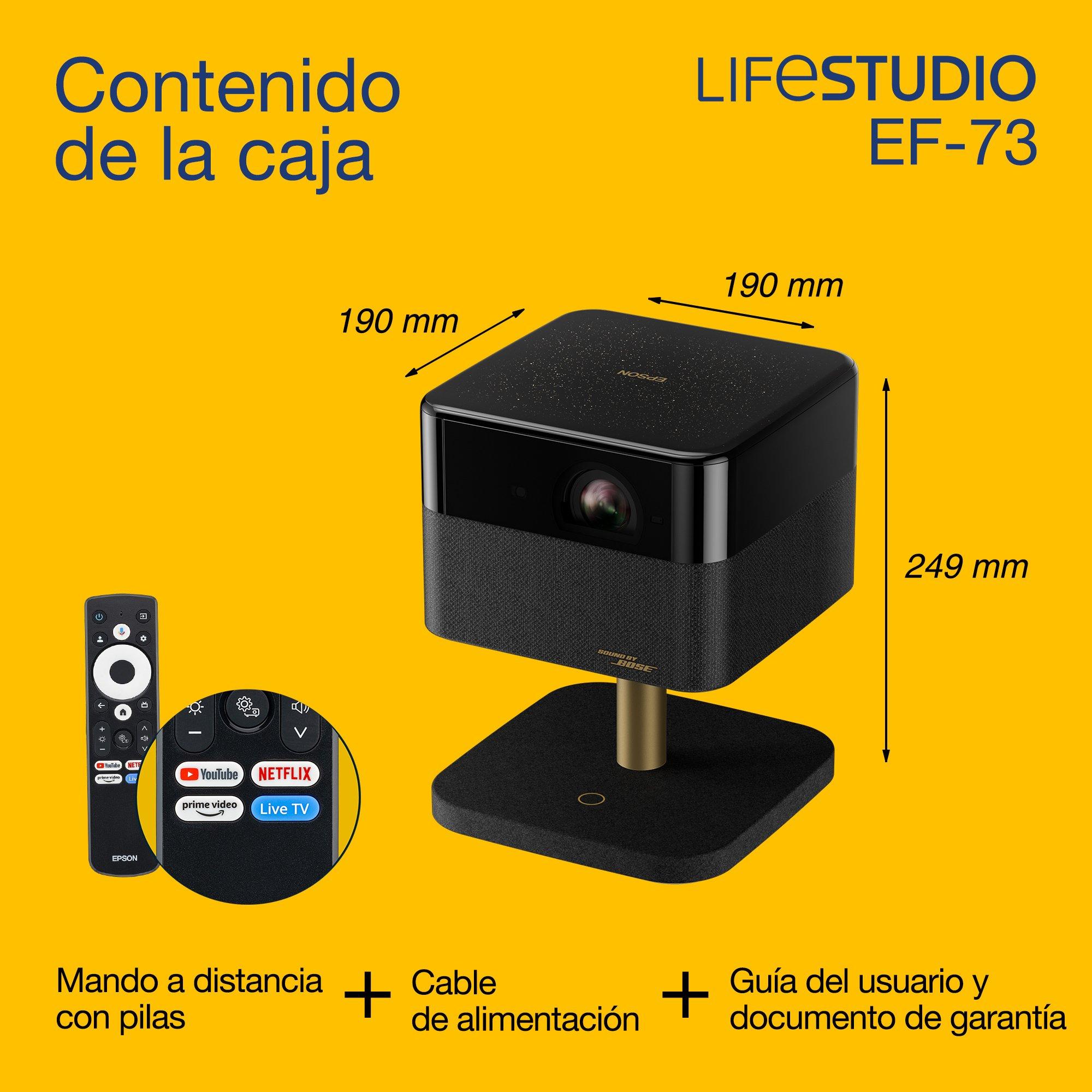 Epson Lifestudio Flex Plus EF-73, proyector 4K PRO-UHD Smart TV, portátil, 1000 lúmenes, Sound by Bose, Google TV, pantalla de 150 pulgadas whats in the box