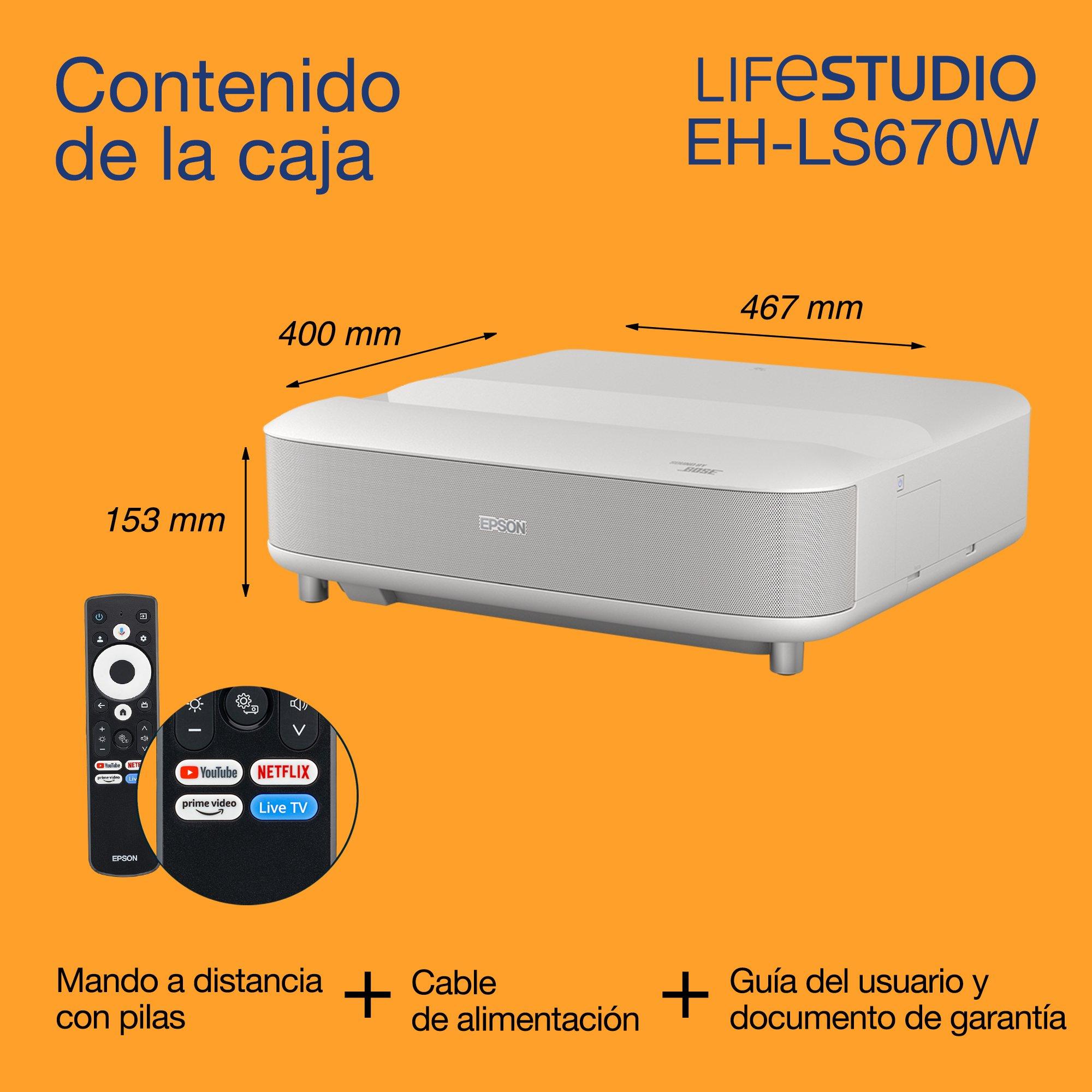 Epson Lifestudio Grand EH-LS670W, proyector-TV láser inteligente de distancia ultracorta, 4K PRO-UHD, 3600 lúmenes, Sound by Bose, Google TV, pantalla de 120 pulgadas, 5 años de garantía whats in the box