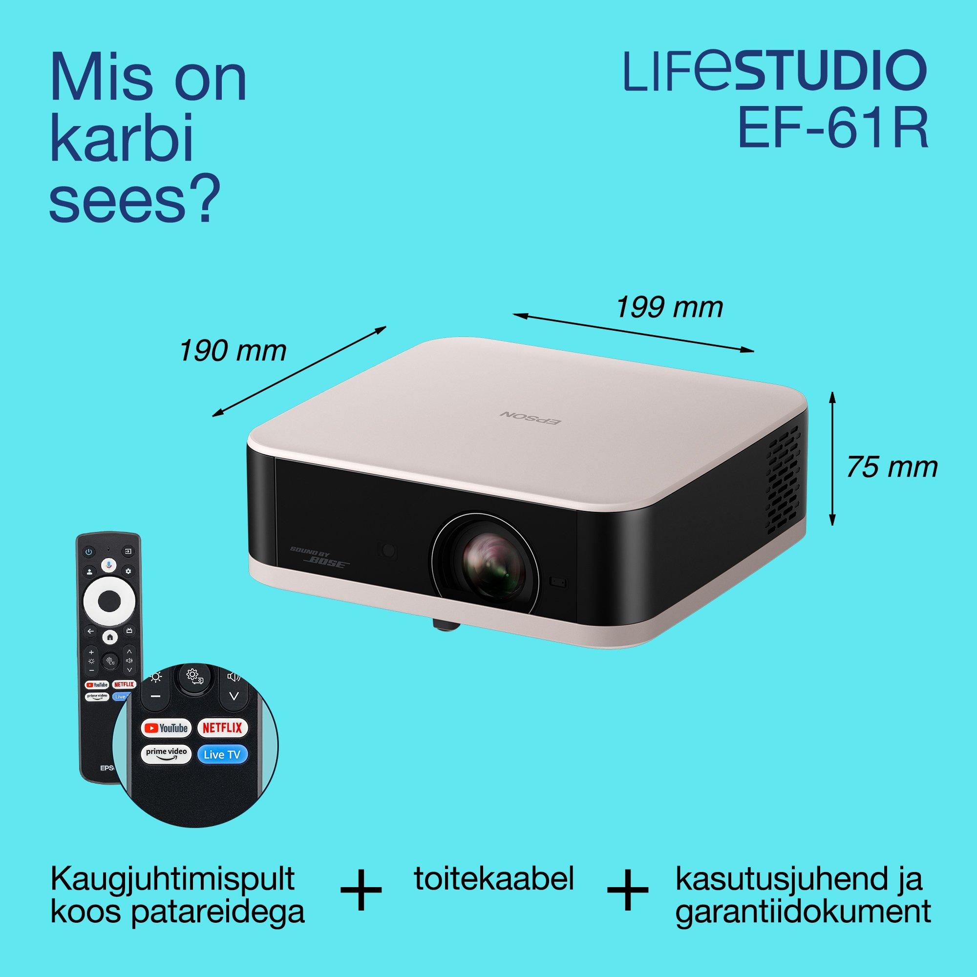 Epson Lifestudio Pop EF-61R, täis-HD 1080p nutiteleri projektor, kaasaskantav, 700 luumenit, Sound by Bose, Google TV, 150'' ekraan whats in the box
