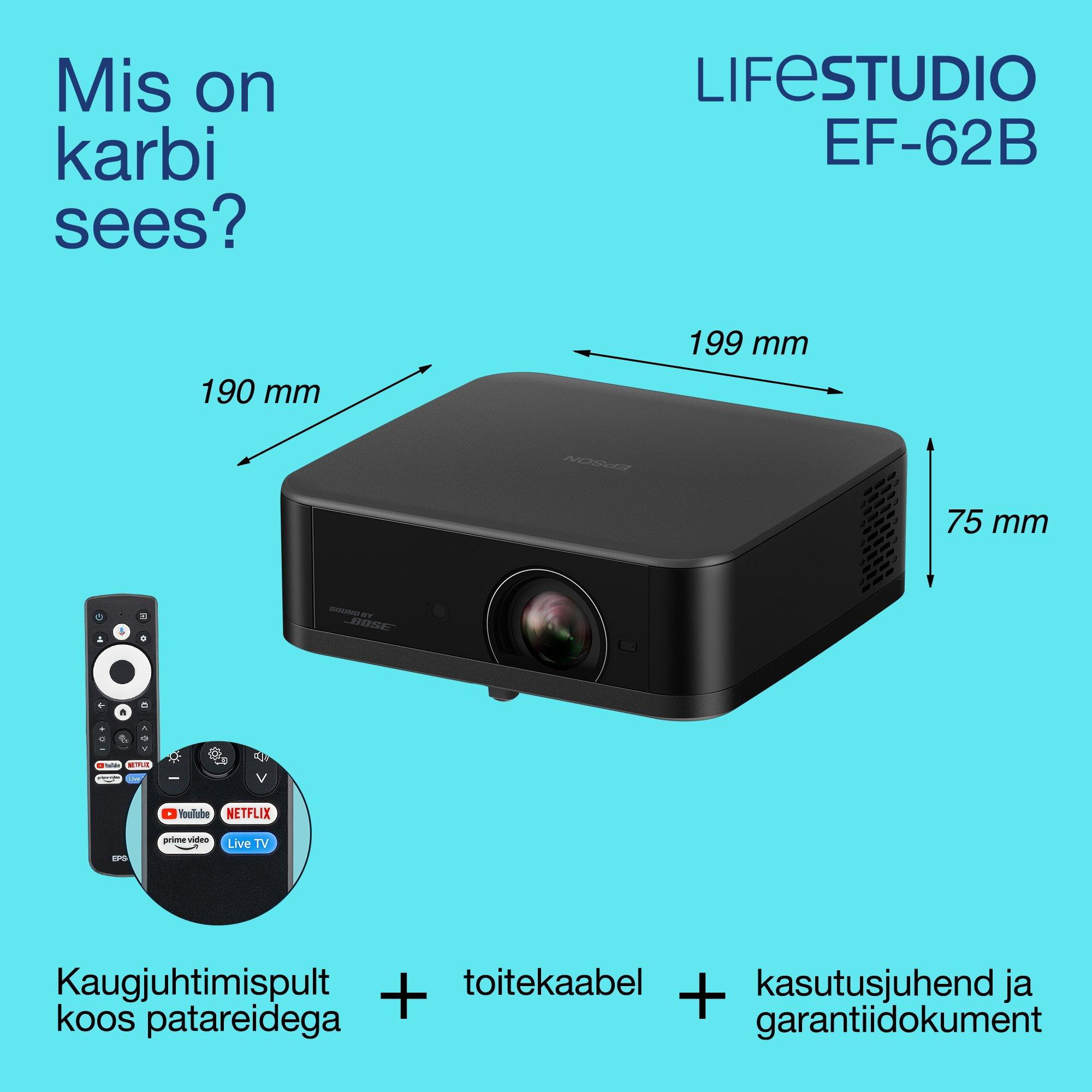 Epson Lifestudio Pop Plus EF-62B, 4K PRO-UHD nutiteleri projektor, kaasaskantav, 700 luumenit, Sound by Bose, Google TV, 150'' ekraan whats in the box