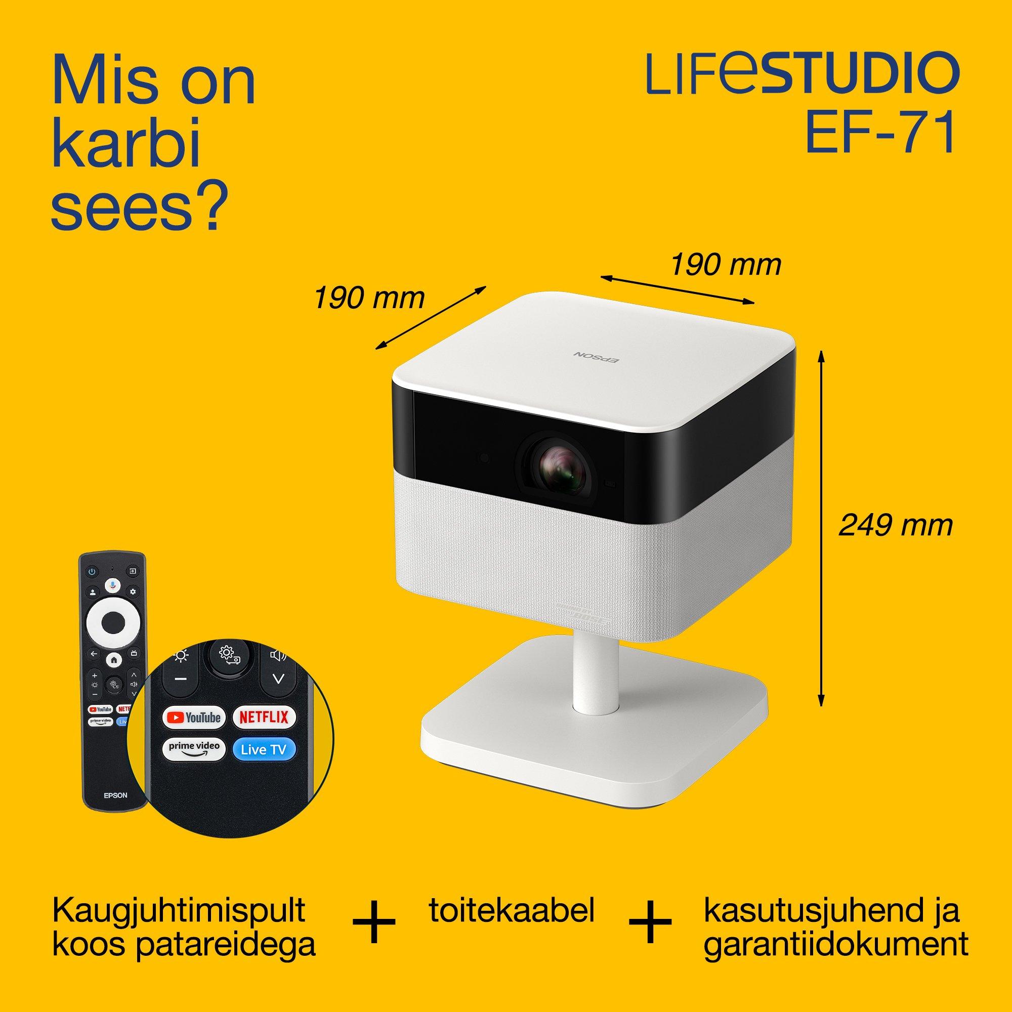 Epson Lifestudio Flex EF-71, täis-HD 1080p nutiteleri projektor, kaasaskantav, 700 luumenit, Sound by Bose, Google TV, 150'' ekraan whats in the box