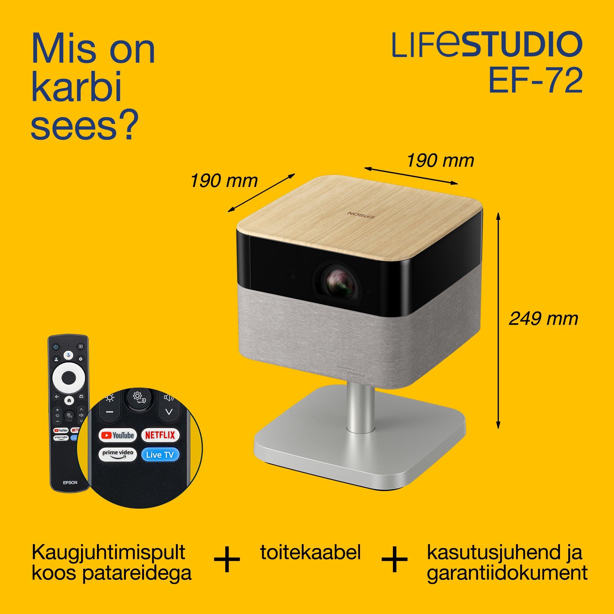 Epson Lifestudio Flex Plus EF-72, 4K PRO-UHD nutiteleri projektor, kaasaskantav, 1000 luumenit, Sound by Bose, Google TV, 150'' ekraan whats in the box
