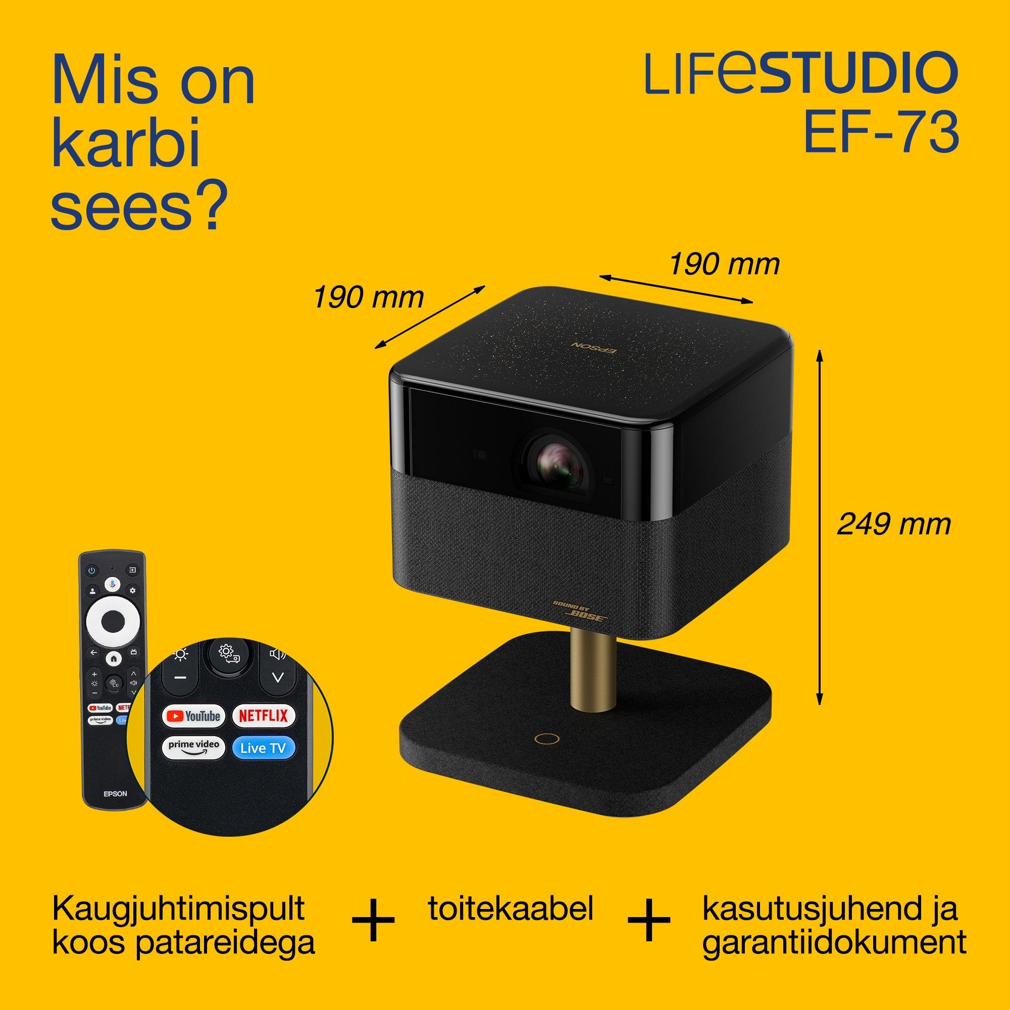 Epson Lifestudio Flex Plus EF-73, 4K PRO-UHD nutiteleri projektor, kaasaskantav, 1 000 luumenit, Sound by Bose, Google TV, 150'' ekraan whats in the box