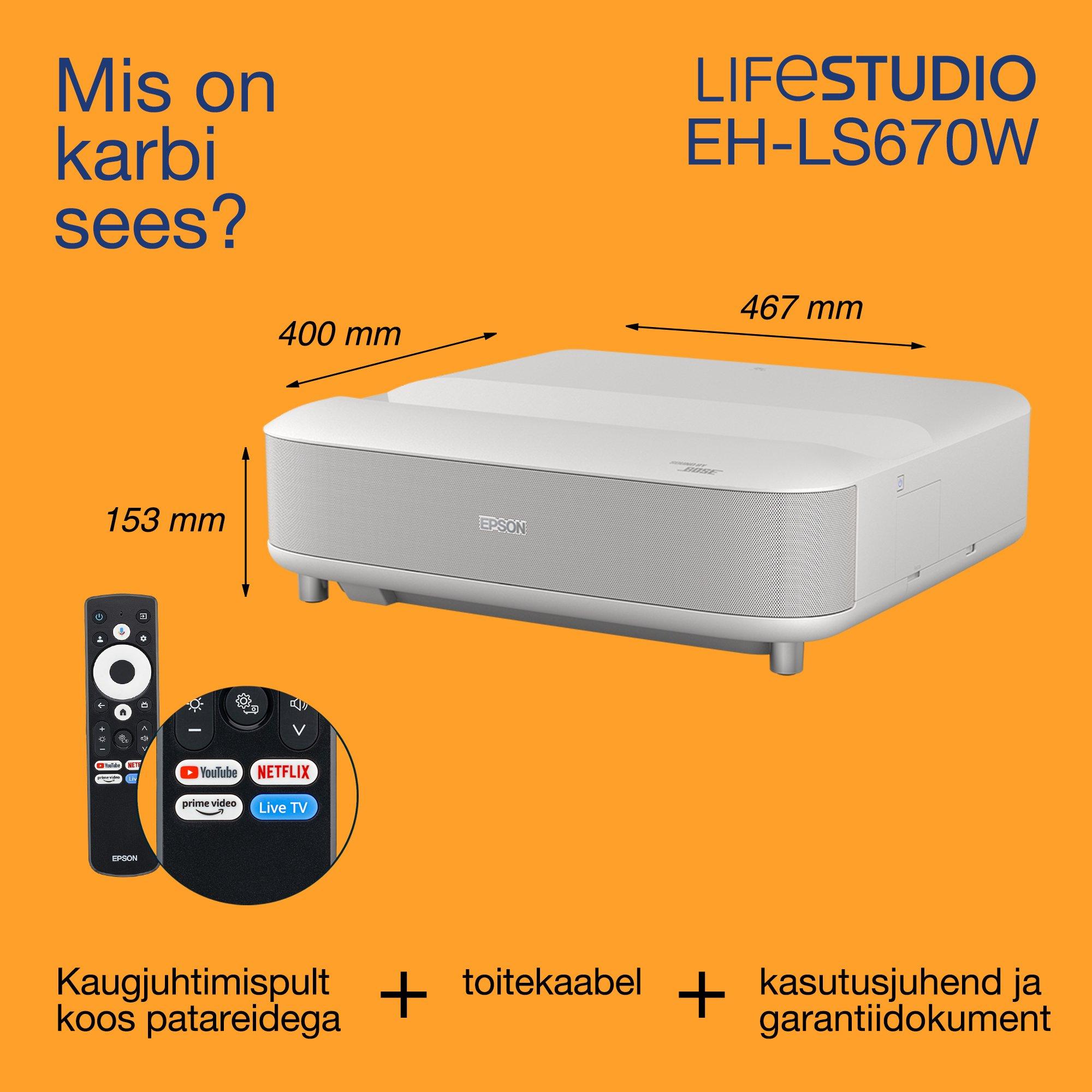 Epson Lifestudio Grand EH-LS670W, üliväikse projitseerimiskaugusega nutikas laserprojektor-teler, 4K PRO-UHD, 3600 luumenit, Sound by Bose, Google TV, 120'' ekraan, 5-aastane garantii whats in the box