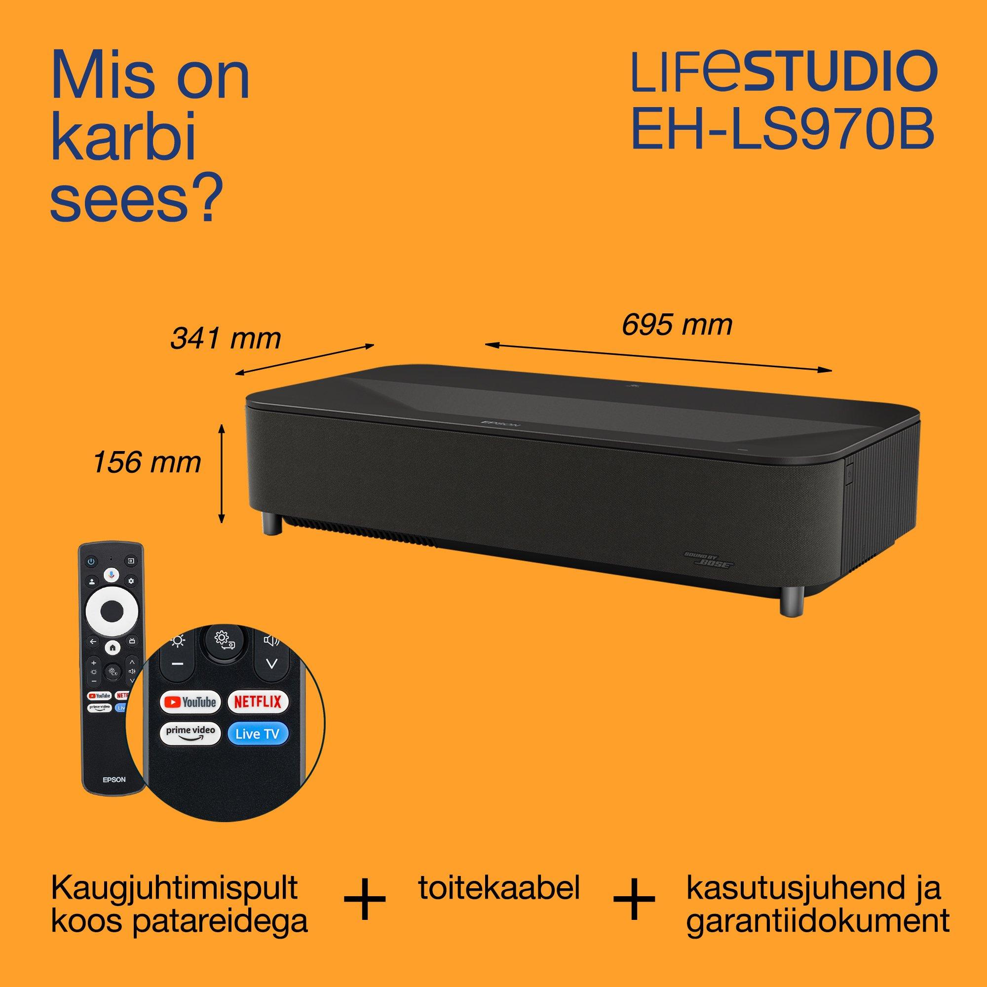 Epson Lifestudio Grand Plus EH-LS970B, üliväikse projitseerimiskaugusega nutikas laserprojektor-teler, kodukino 4K, 4 000 luumenit, Sound by Bose, Google TV, 150'' ekraan, 5-aastane garantii whats in the box